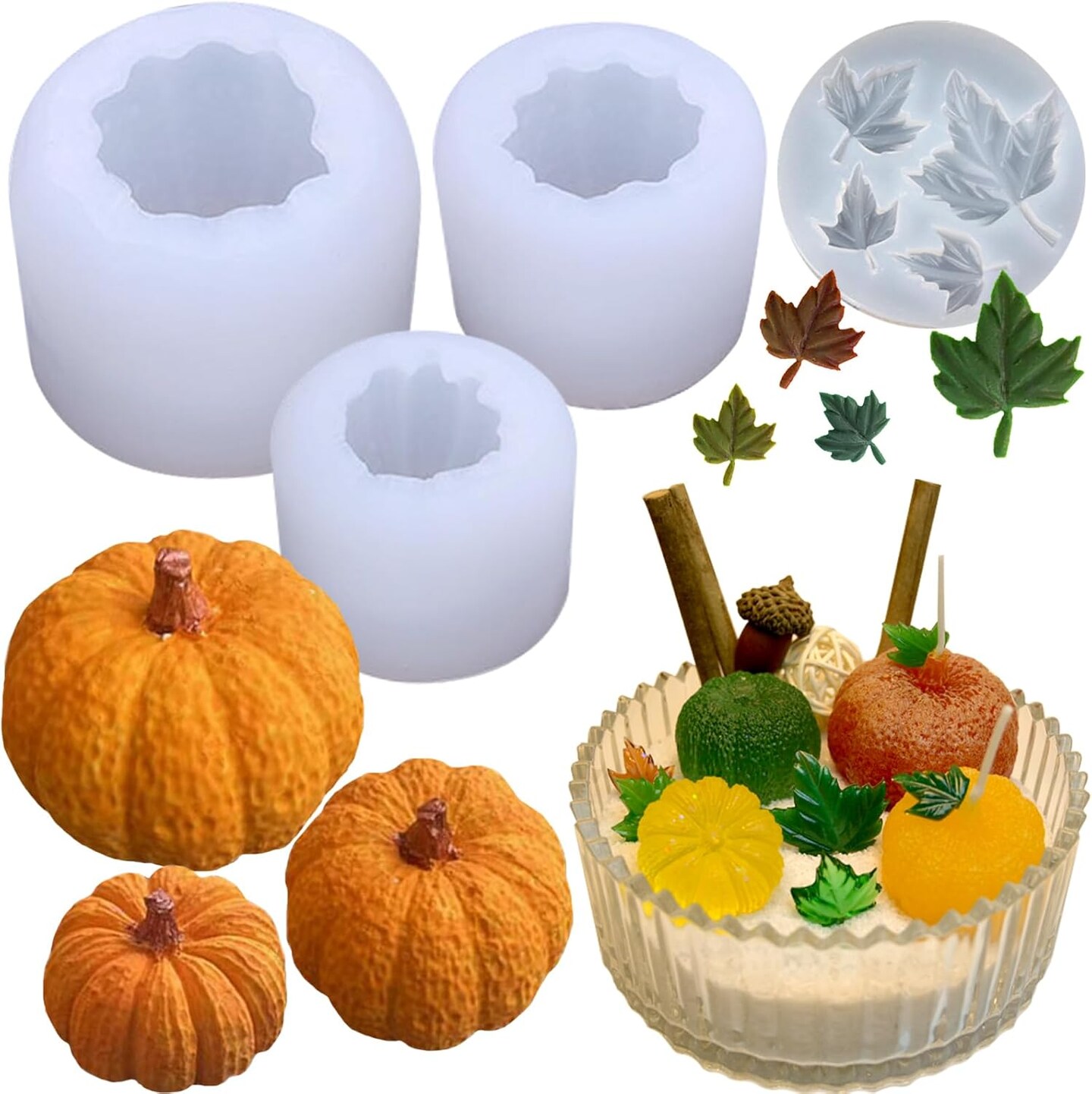 (4 Pack) Pumpkin Candle Molds with Leaf Mold(4PCS Pumpkin & Leaf Candle Molds)3 x 2 x 0.57 inches