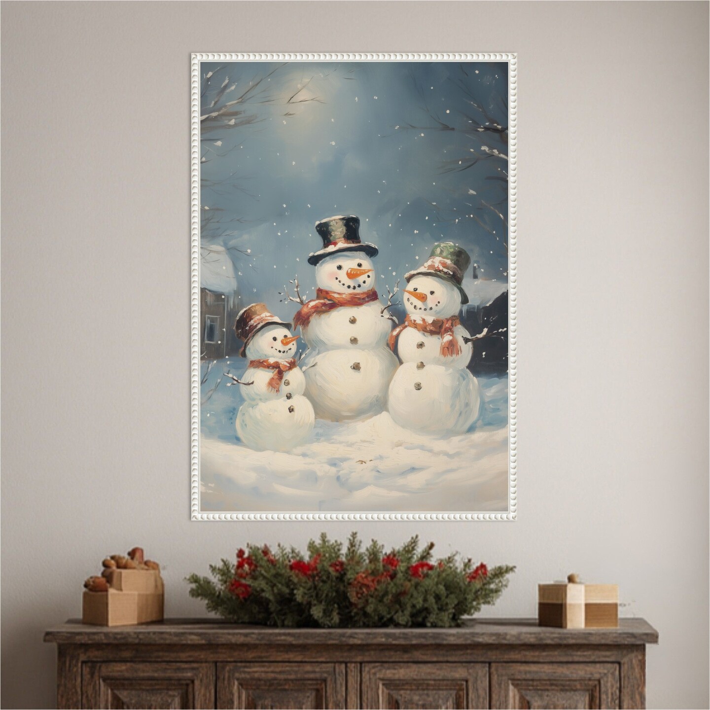Snowman Family by Melloi Art Prints 23-in. W x 33-in. H. Canvas Wall Art Print Framed