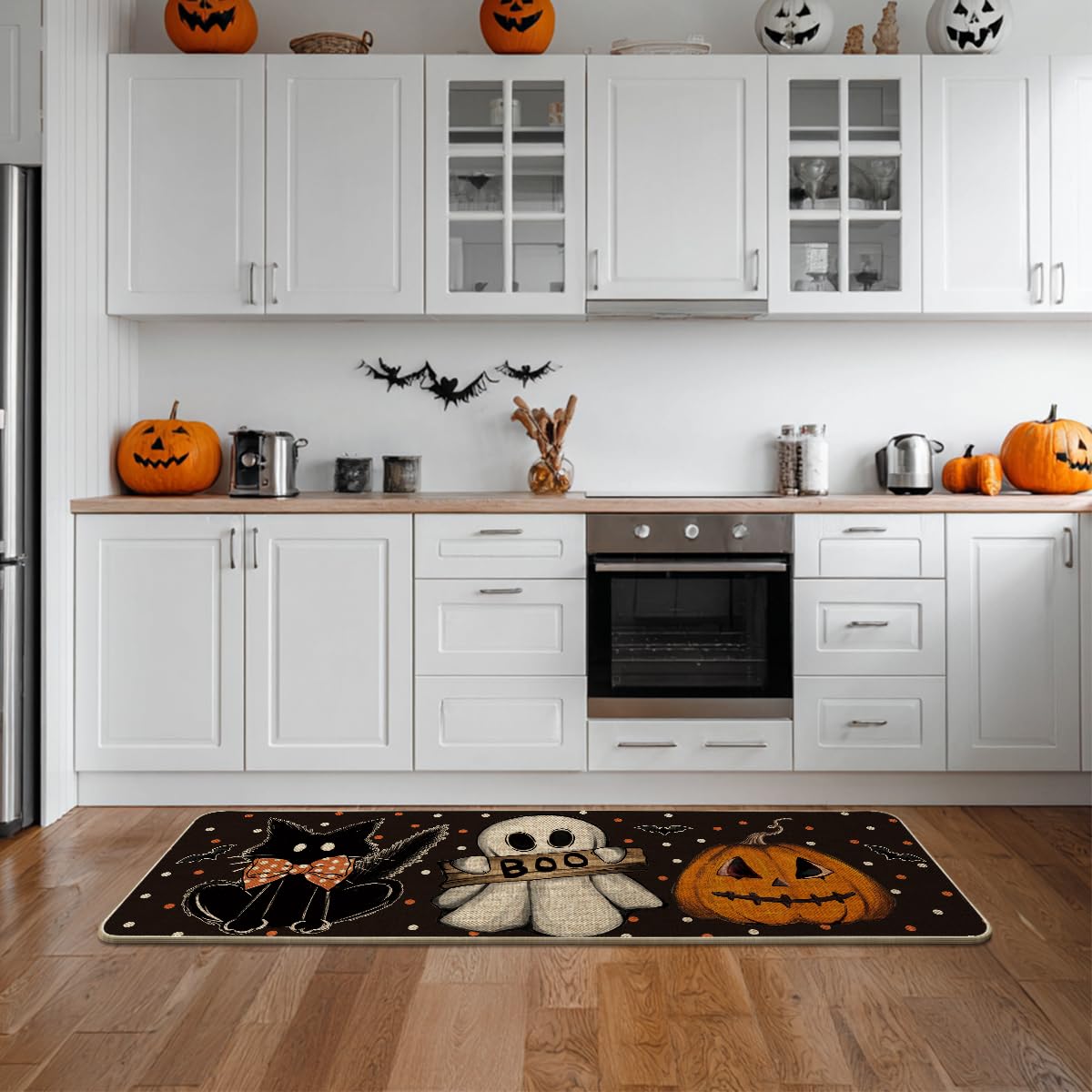 Artoid Mode Black Cat Jack-O&#x27;-Lantern Ghost Pumpkins Halloween Doormat, Seasonal Low-Profile Floor Switch Mat for Indoor Outdoor 17x47 Inch
