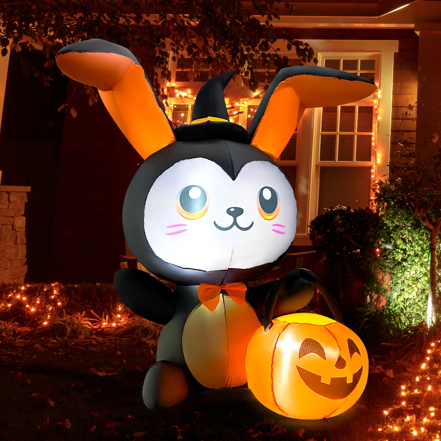 GOOSH 5FT Inflatable Halloween Bunny with Pumpkin &#x2013; Light-Up Yard Decoration