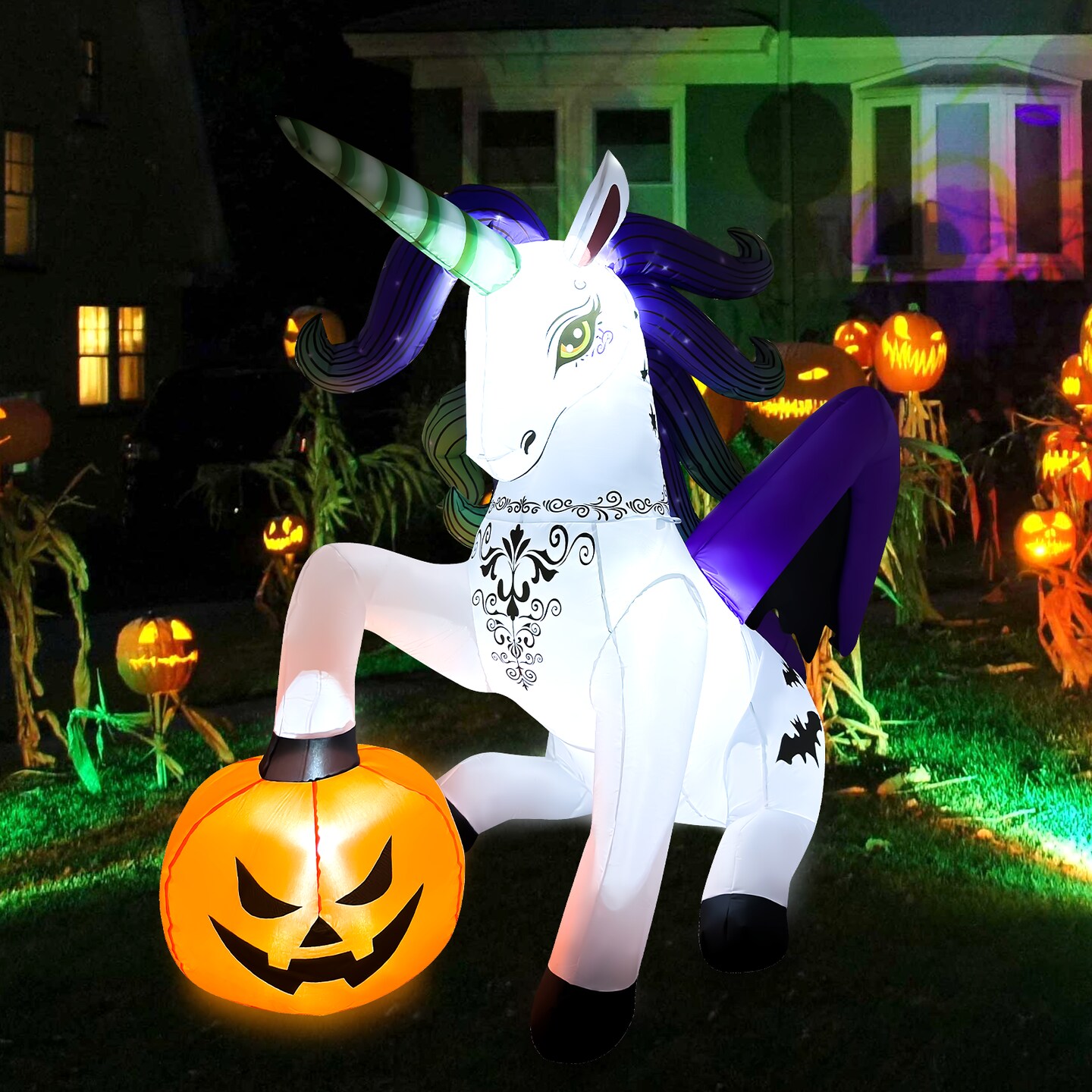 GOOSH 6FT Inflatable Halloween Unicorn with Pumpkin &#x2013; Light-Up Yard Decoration