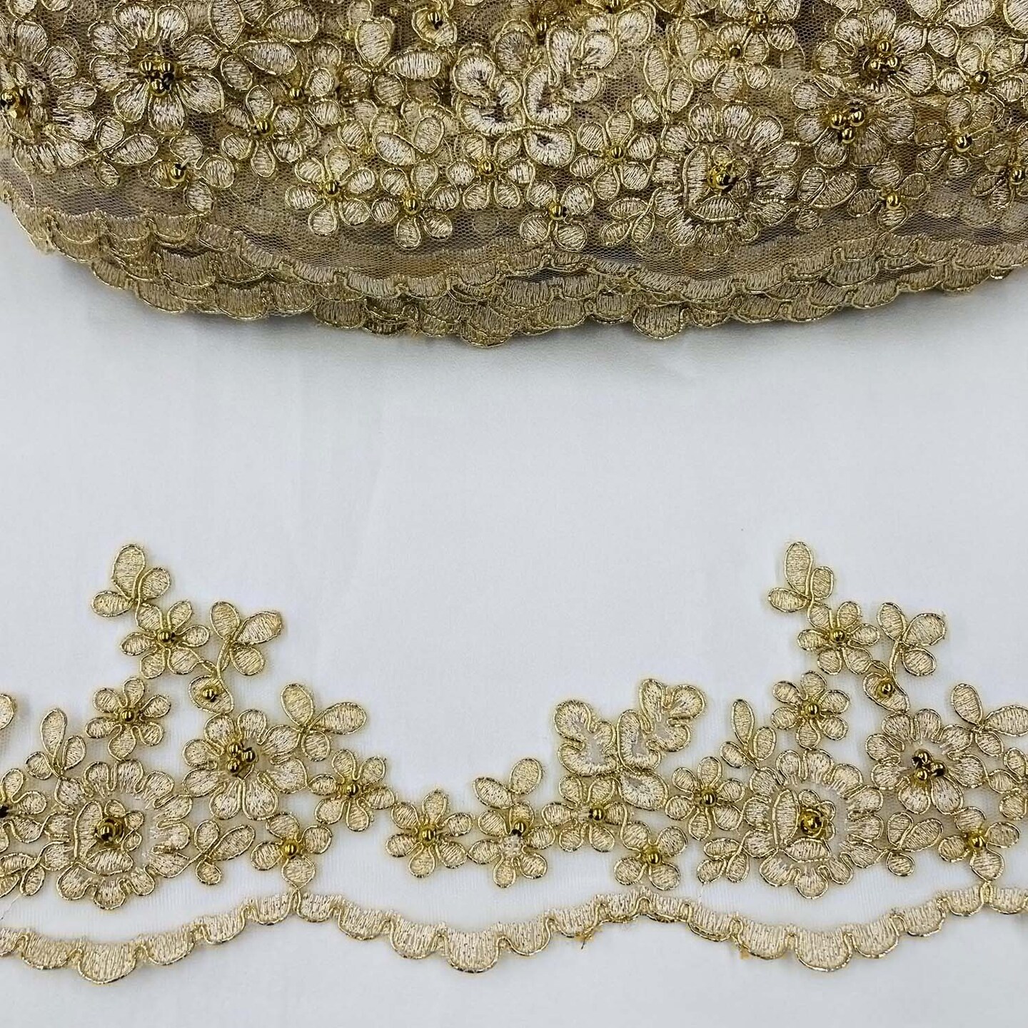 1 Yard Premium Beaded & Corded Lace Trimming on Polyester Net Mesh for Wedding Gowns