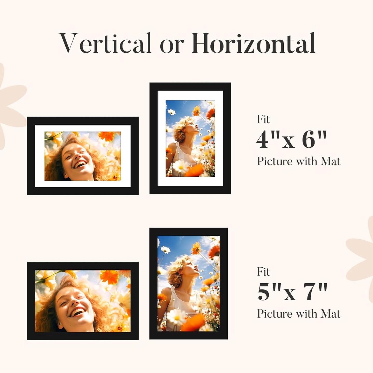 5x7 Picture Frame Set of 2,Display Pictures 4x6 with Mat or 5x7 Without Mat(Black)7"L x 5"W