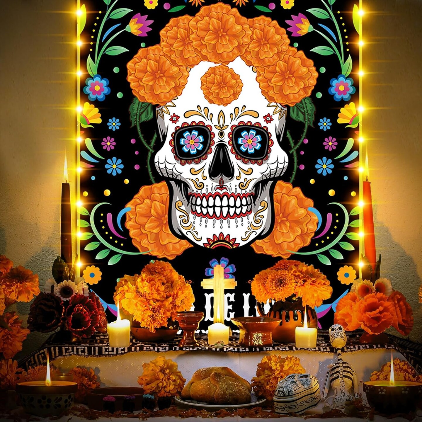 3 Pcs Lighted Day of the Dead Porch Sign Banner (Halloween) 12&#x22;L x 7&#x22;W