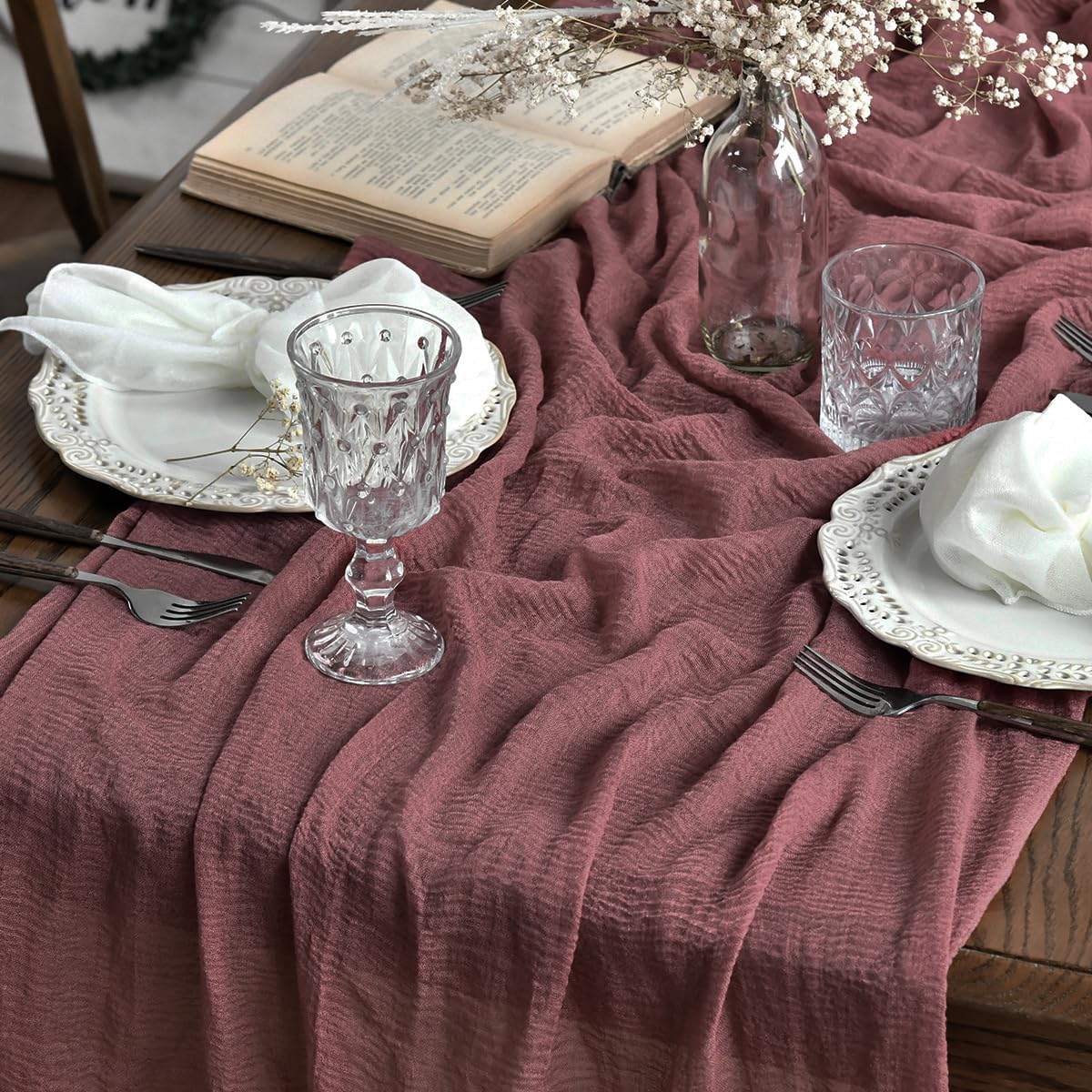 Boho Cheesecloth Gauze Dusty Rose Wedding Table Runner(Dusty Rose)120"L x 35"W