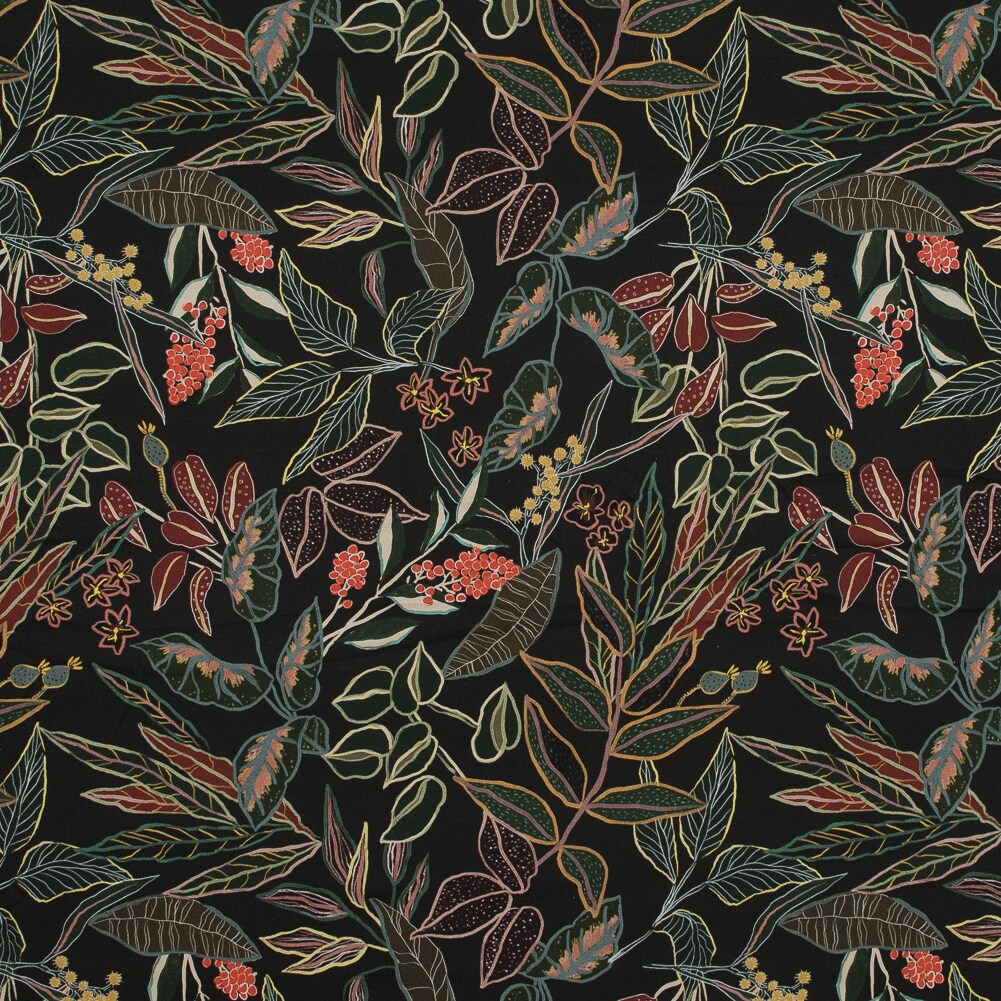 1 Yard Stretch Cotton Sateen Black and Green Foliage Mystery of Renewal Print Fabric