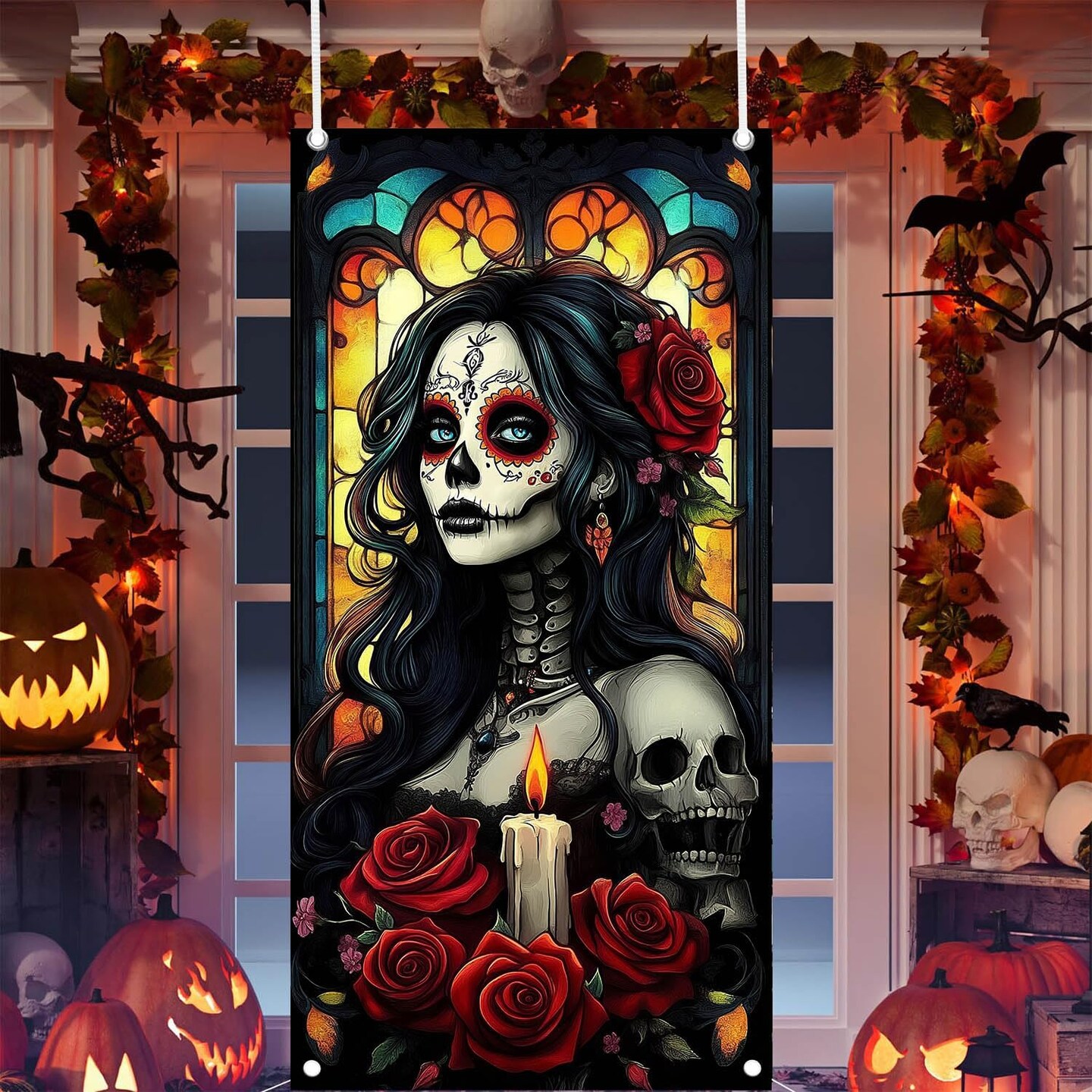 Day of The Dead Door Cover Dia De Los Muertos Porch Sign (Halloween) 70.8&#x22;L x 35.4&#x22;W