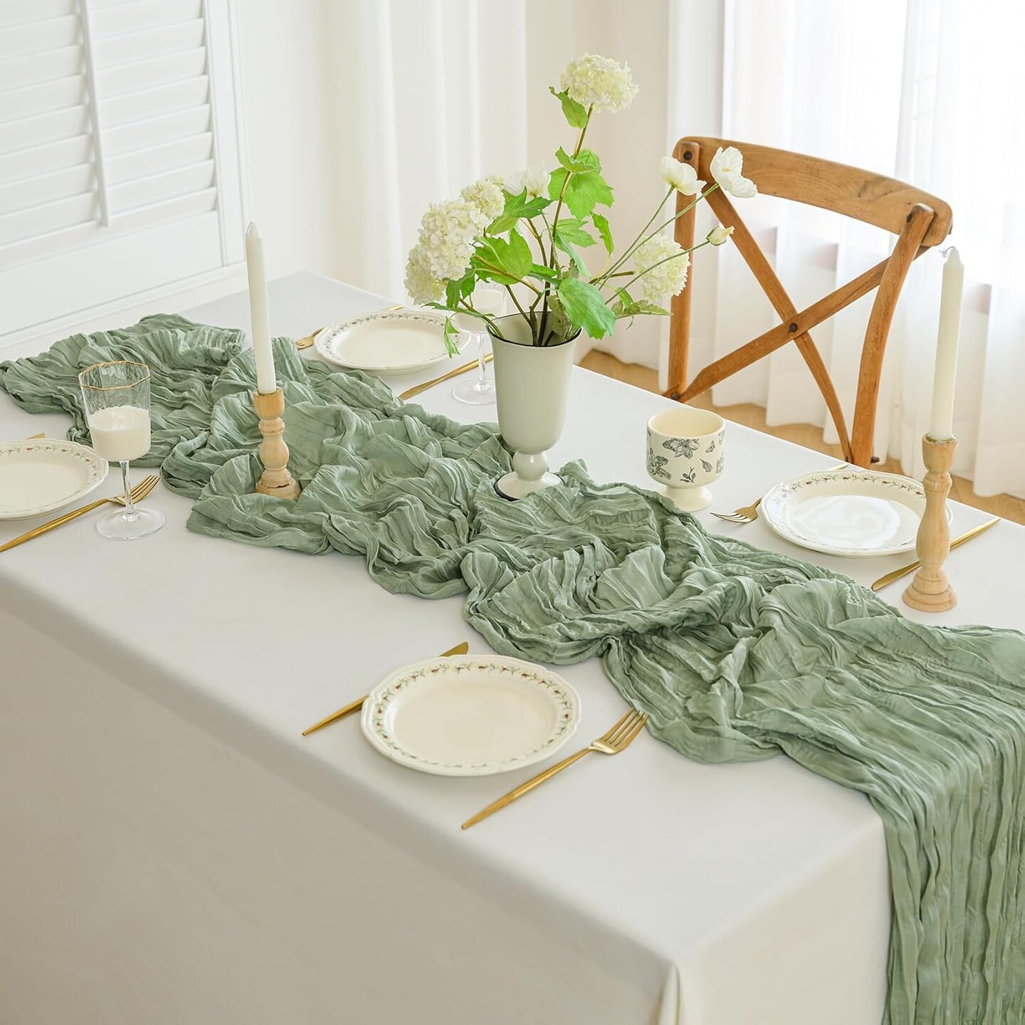 Cheesecloth Gauze Boho Rustic Table Runner - 35x120 Inch Long for Wedding(Sage Green)120"L x 35"W