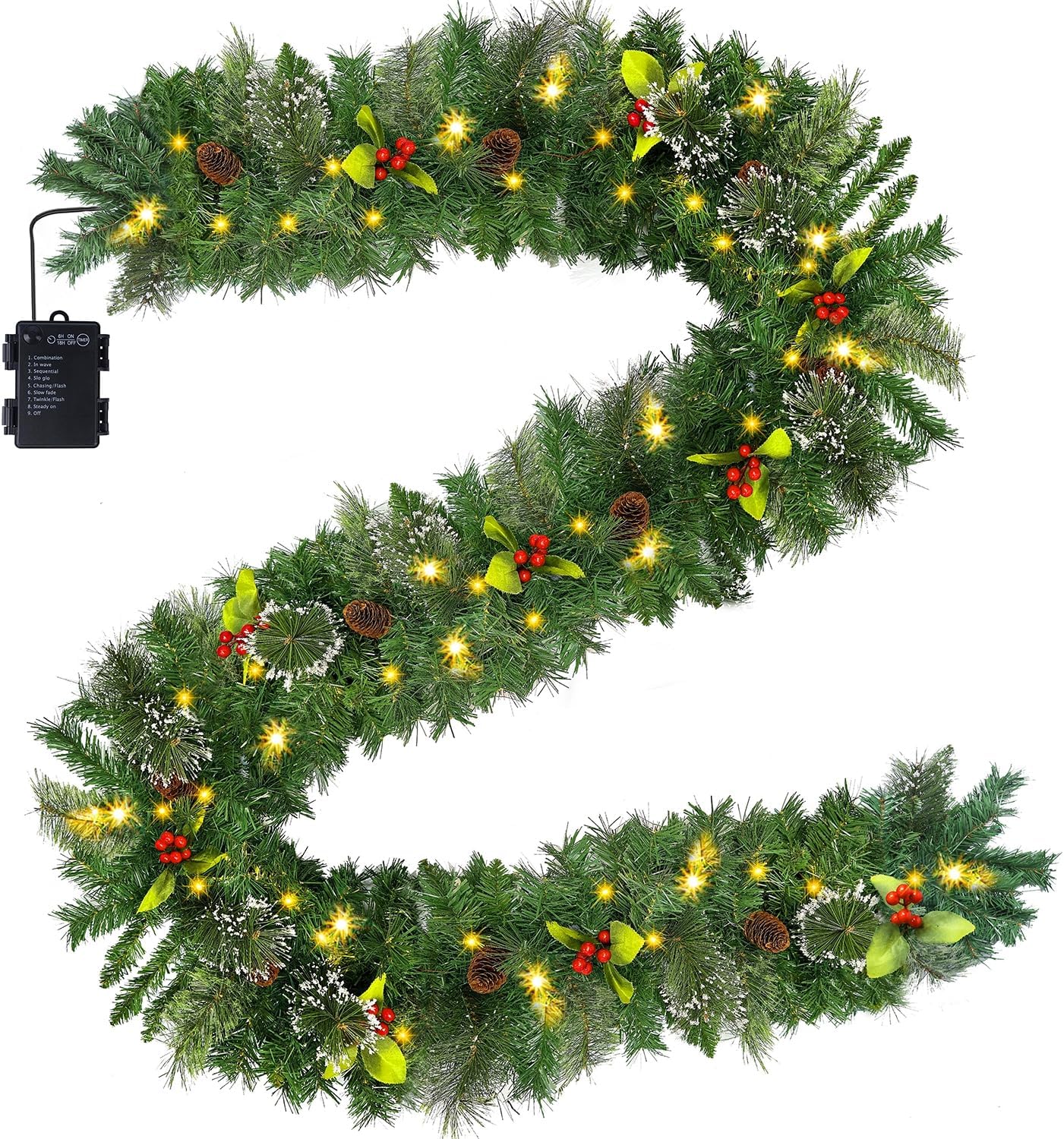 9FT Pre-Lit Christmas Garland with 50 Warm White LED Lights, Battery Operated &#x26; Timer