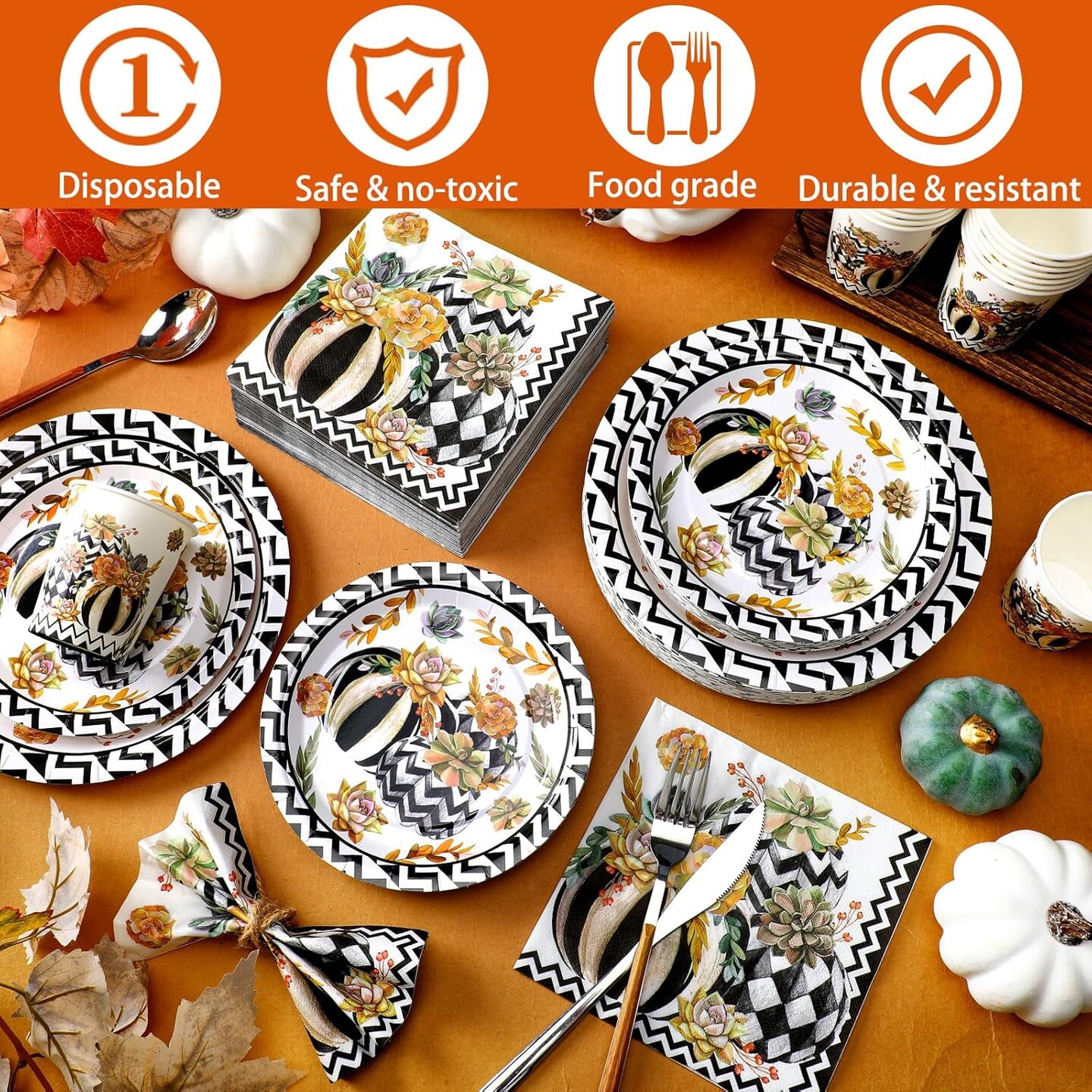 250Pcs Thanksgiving Tableware Sets - Plates, Napkins, Cups Serves 50 Guests (Black and White Pumpkin)