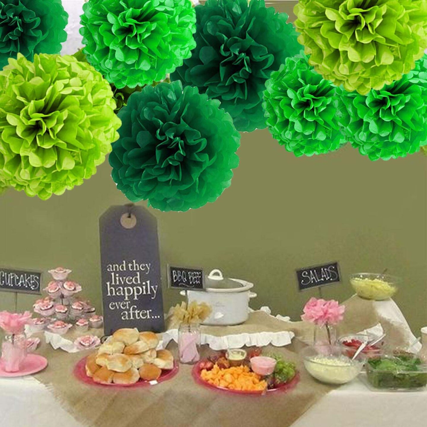 Tissue Paper Pom Poms(Green Dark Green and Light Green)8"L x 8"W