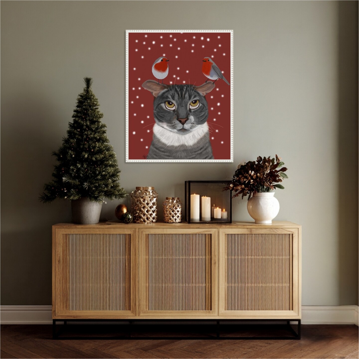 Grey Cat and Robins by Fab Funky 23-in. W x 28-in. H. Canvas Wall Art Print Framed