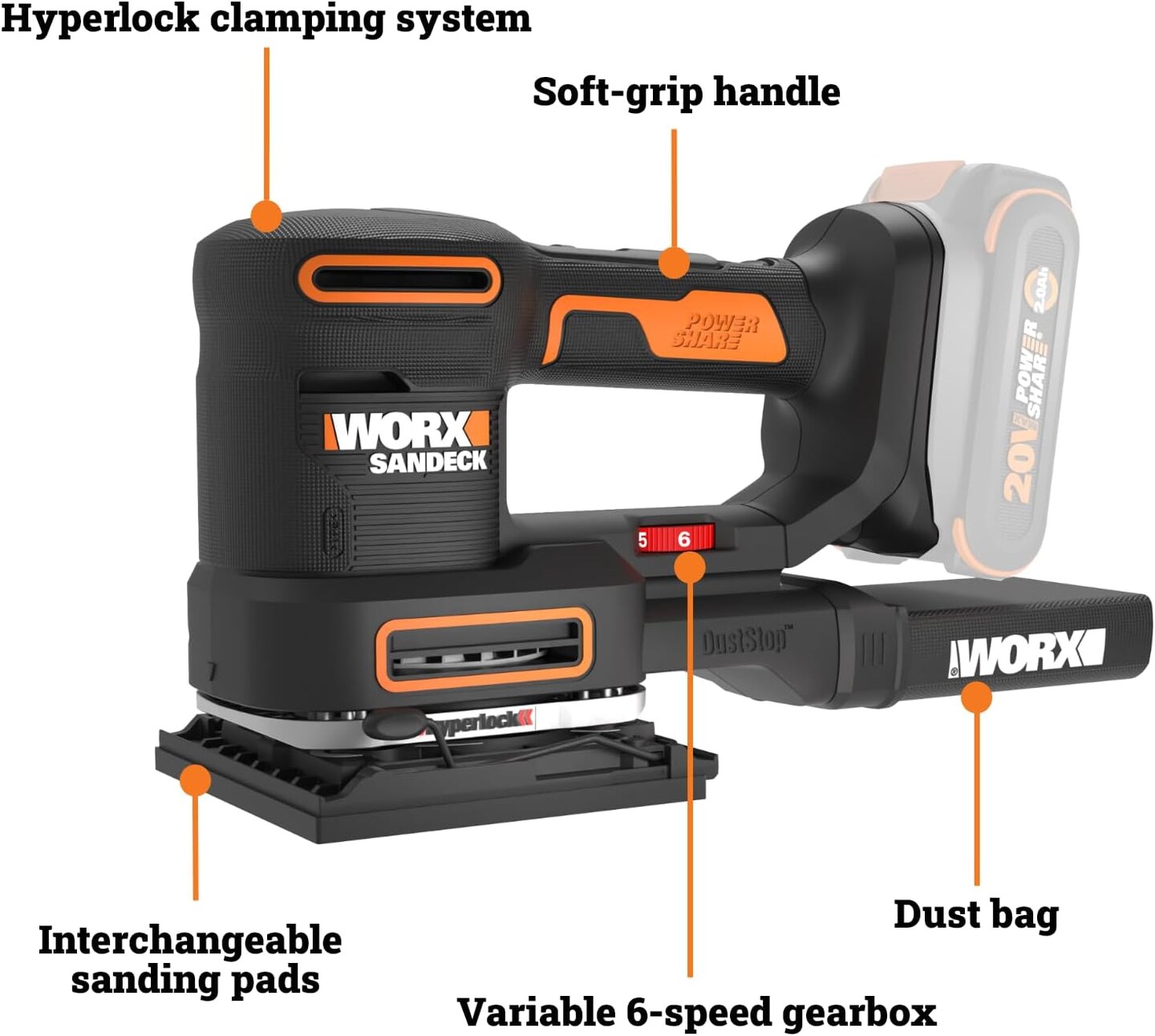 Worx WX820L.9 20V Power Share Sandeck 5-in-1 Cordless Multi-Sander (Tool Only)