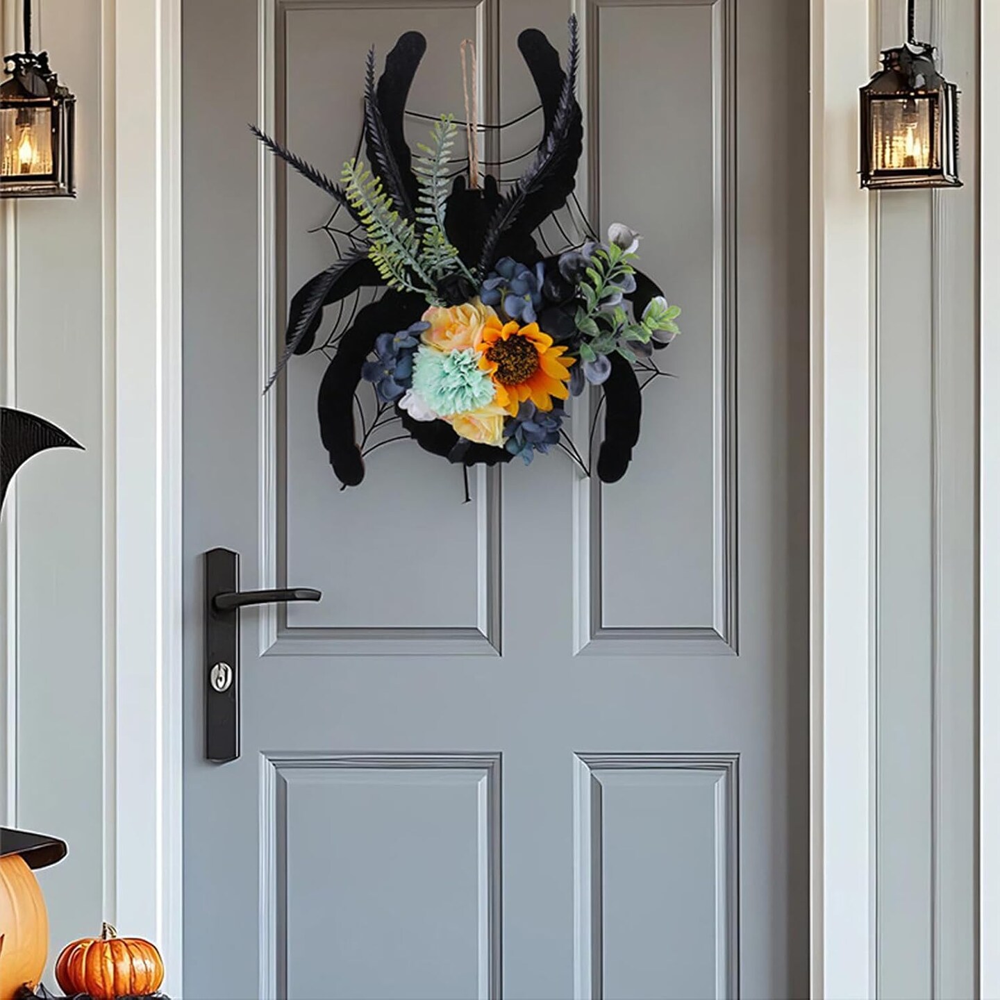 Halloween Spider Wreath with Sunflowers and Black Feathers (Halloween) 2&#x22;D x 9.84&#x22;W x 11.81&#x22;H