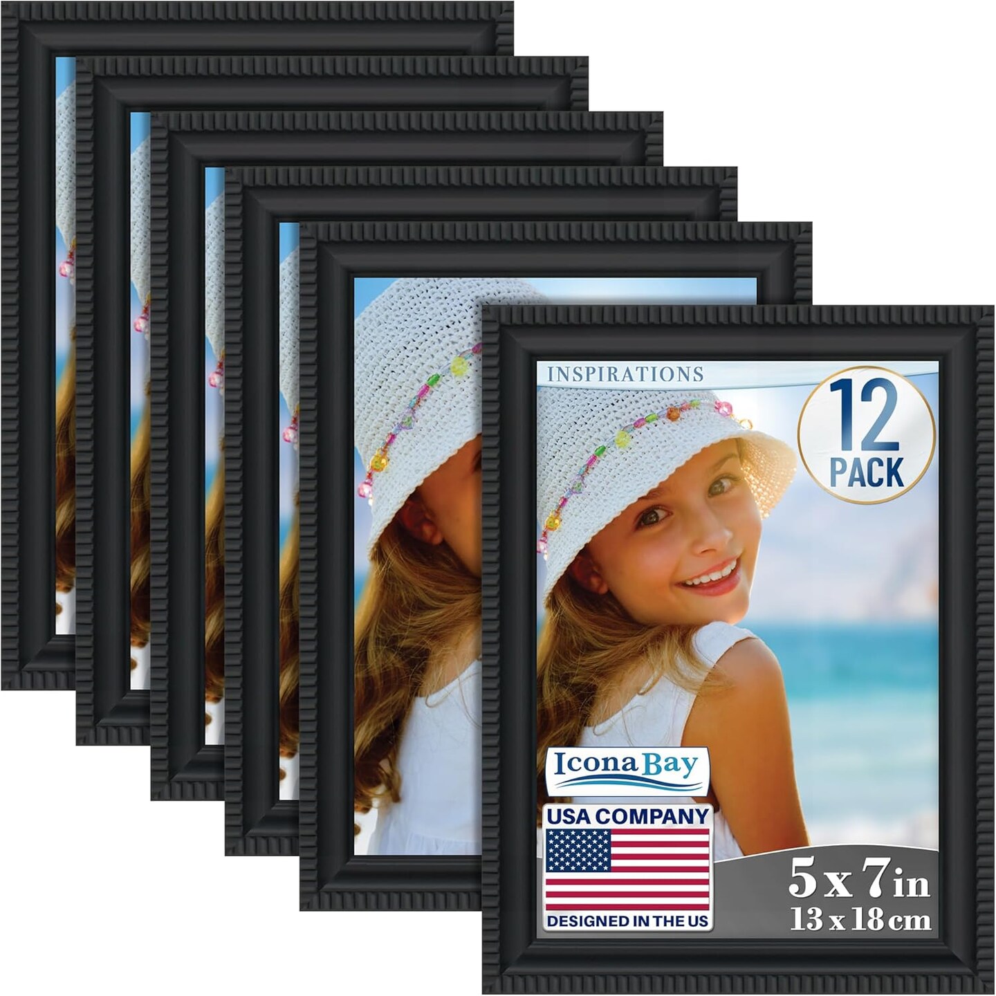 5x7 Picture Frames (Black, 12 Pack), Beautifully Detailed Molding, Contemporary Picture Frame Set, Wall Mount or Table Top, Inspirations Collection