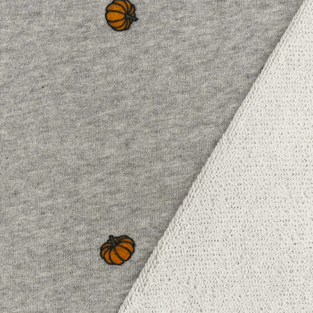 Heather Gray-Orange-Multi Pumpkin Printed Cotton French Terry Knit Fabric By the Yard