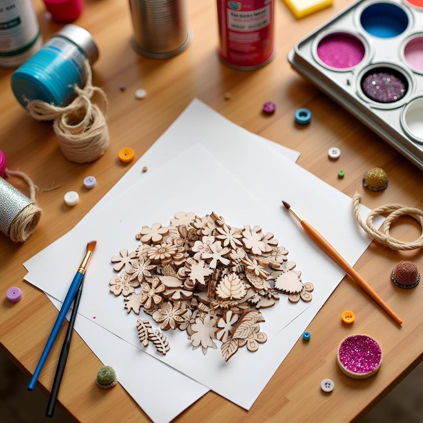 100 Pcs Unfinished Wooden Flower Wood Slice Leaf1 x 1 x 0.2 inches