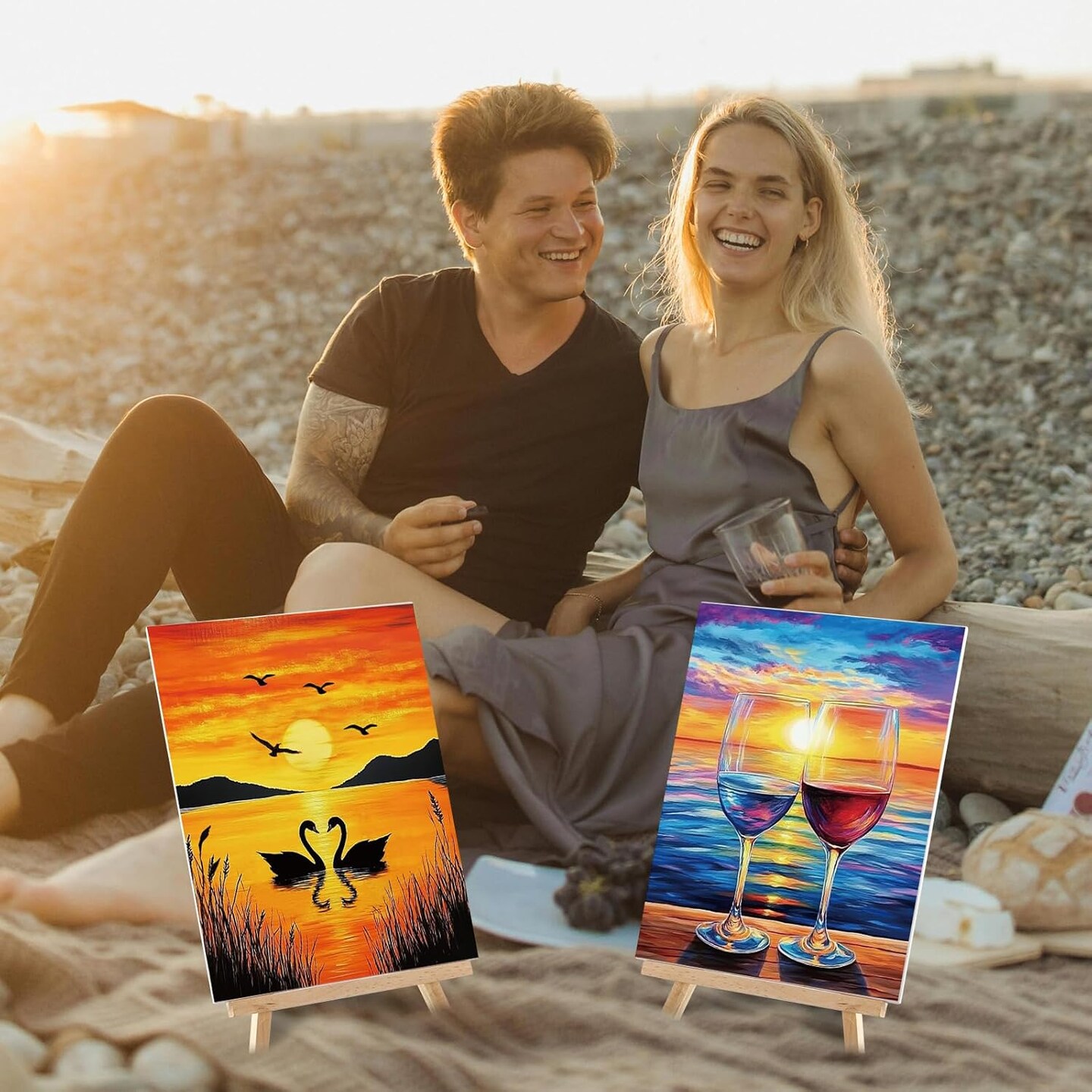 12 Sets Pre Drawn Canvas Kit for Painting Sip and Paint Kit Art Party(Summer Sunset,8 x 10 in)