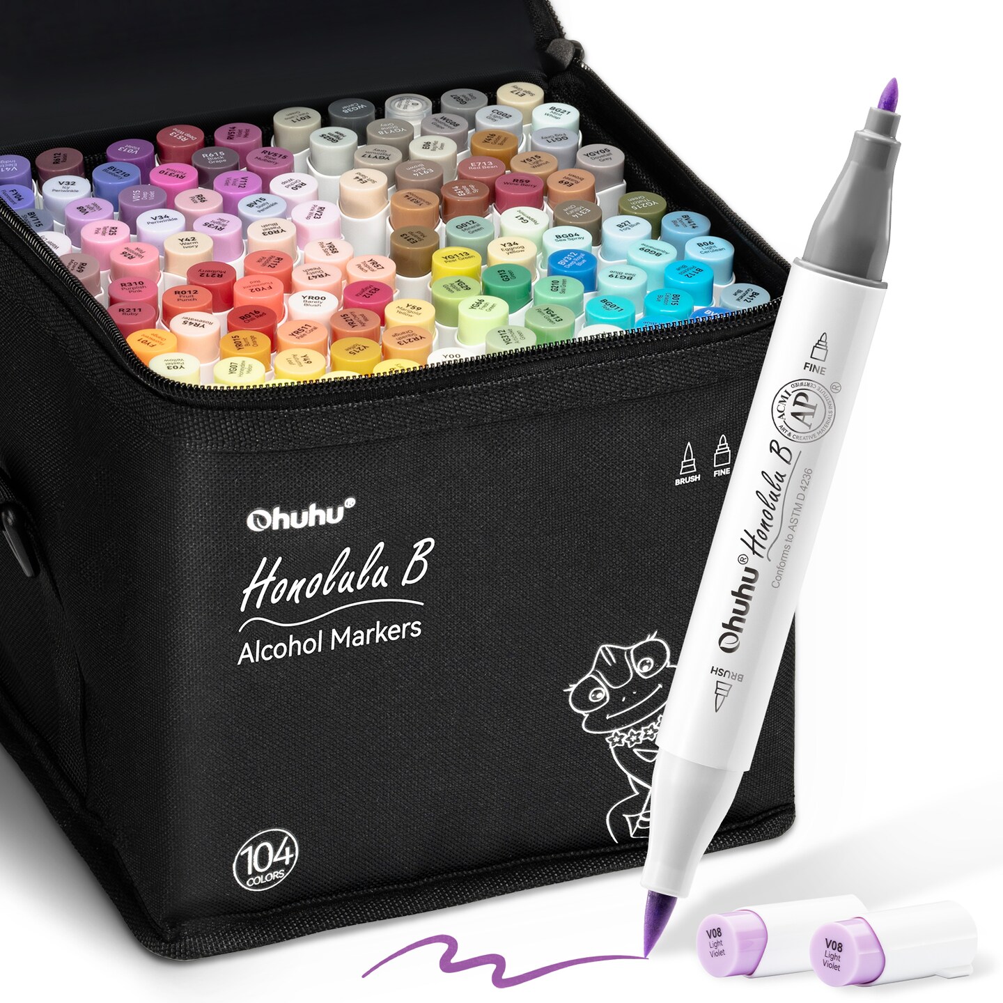 Ohuhu Alcohol Markers Brush Tip- 104-color Double Tipped Alcohol Based Art Marker Set for Artists Adults Coloring Illustration- Honolulu B of Ohuhu Markers- Dual Tip Brush &#x26; Fine- Refillable