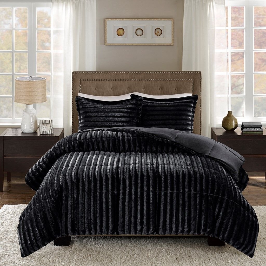 Edge Collections - 26" x 20" - Black - Duke Full Queen Grey Faux Fur Comforter Set - 1 Set