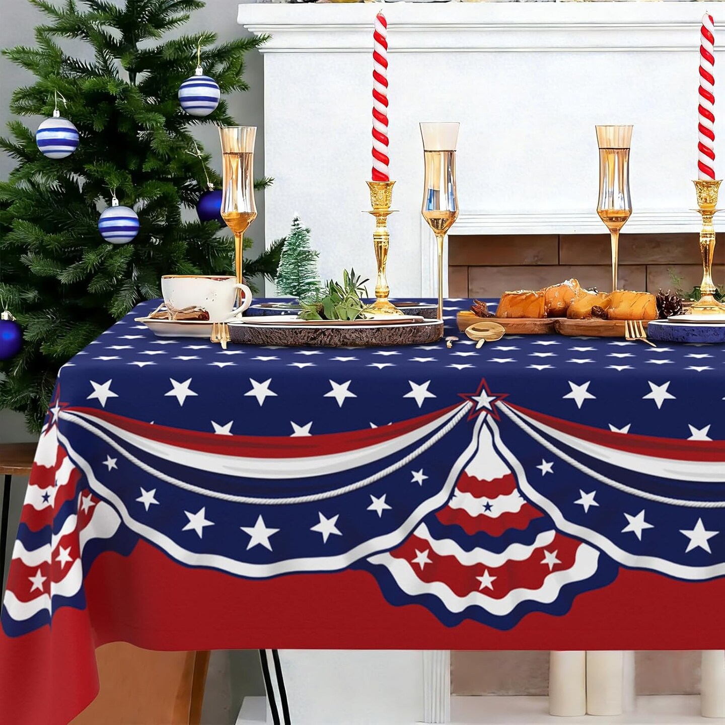 Rectangle 4th of July Patriotic Tablecloth – 60” x 84” Polyester Waterproof Wrinkle-Resistant Red, White & Blue Table Cover for Independence Day, Memorial Day & Holiday Party Decorations