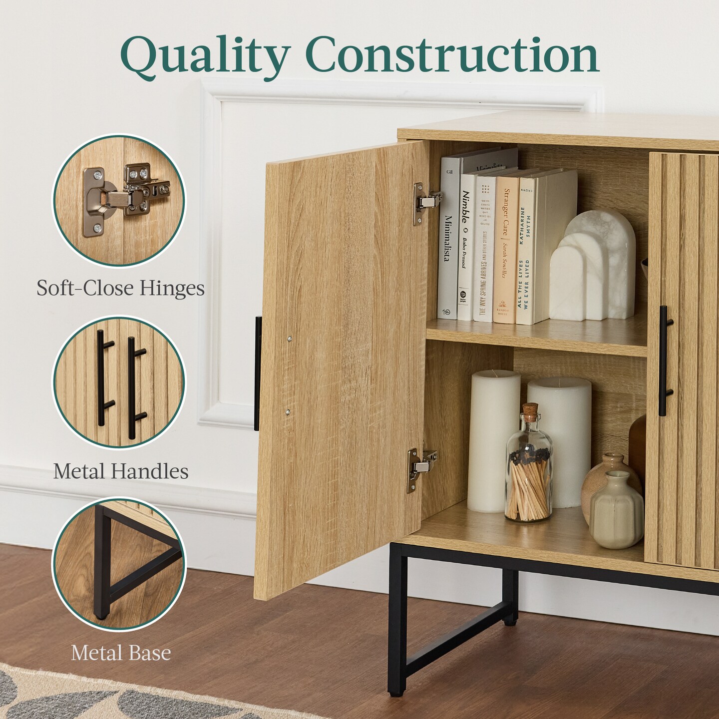 Best Choice Products 2-Door Slatted Storage Cabinet, Accent Furniture w/ Non-Scratch Foot Pads