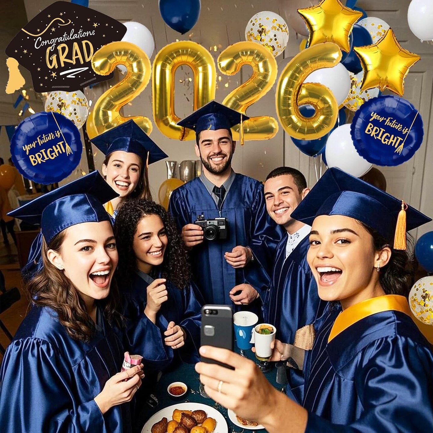 Graduation Party Decorations Kit 2026 – Gold Number Foil Balloons, Congrats Grad Banner, Navy, Gold & White Balloon Set for High School, College, and University Graduation