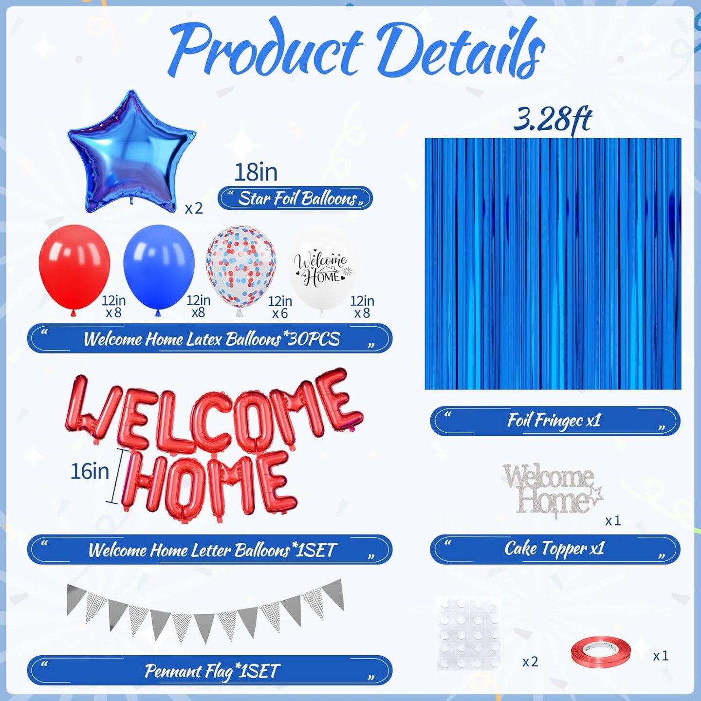 Blue Red White Welcome Home Decorations Kit – Balloons, Banner, Fringe Curtain & Cake Topper for Patriotic 4th of July, Military Homecoming & Family Welcome Party Supplies