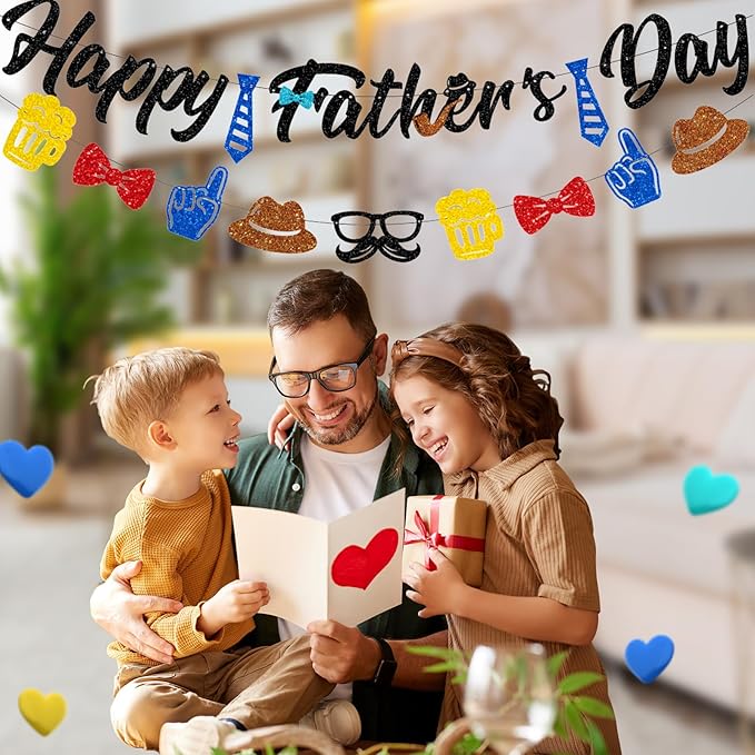 Glitter Happy Father's Day Banner Set - 2-Pack Metallic Hanging Bunting Garland with Tie & Beer Graphics | Pre-Strung Heavy 400g Cardstock Sign for Fireplace Mantle, Wall Party Decorations, Photo Props