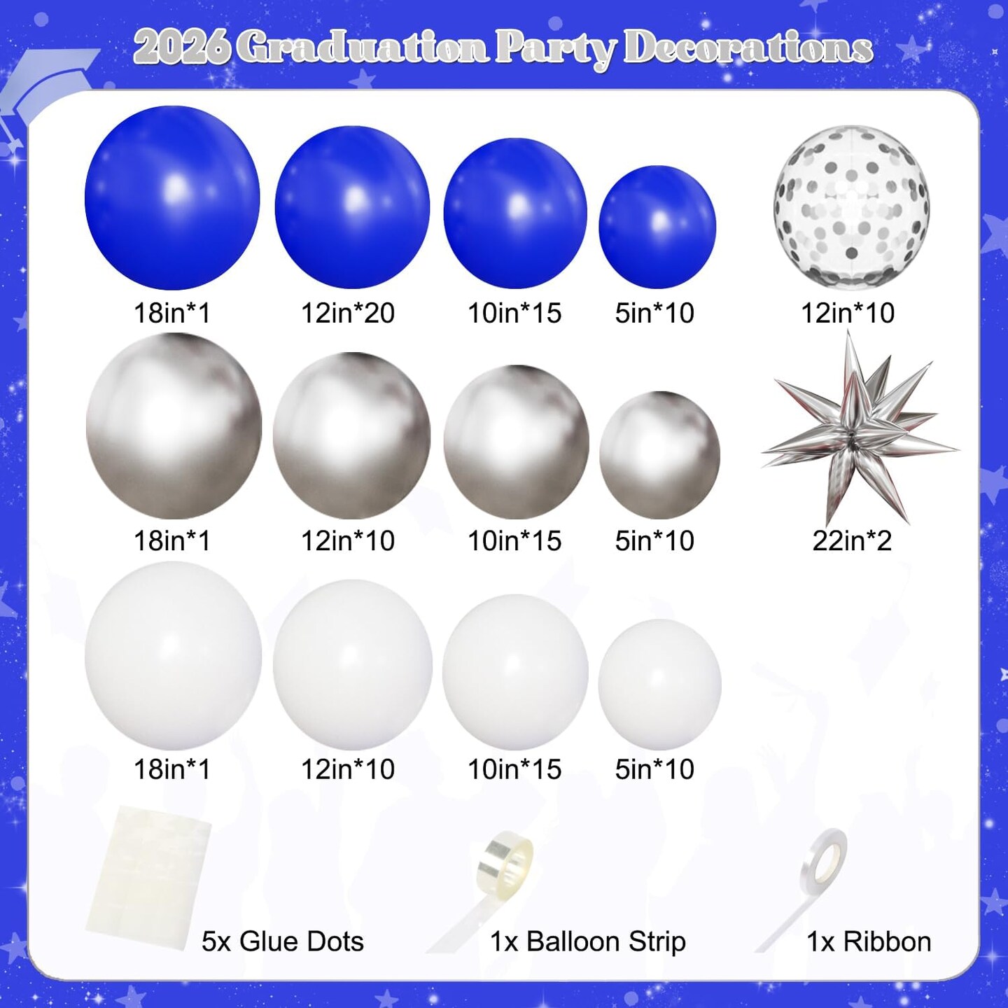 130PCS Blue White Silver Balloon Arch Kit – Graduation Decorations with Star Foil & Confetti Balloons for Class of 2026 College & High School Party Backdrop