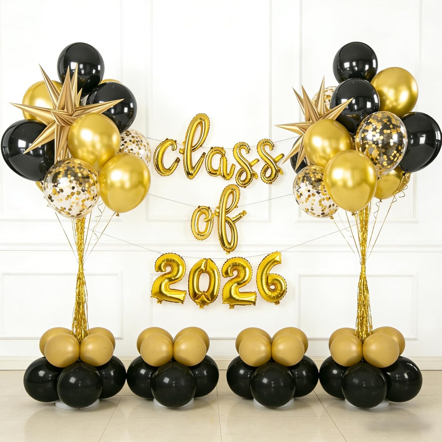 Class of 2026 Graduation Balloons Set - 12 Inch Black & Gold 2026 Letter Balloons - Foil "CLASS OF 2026" Sign with Starburst & Latex Balloons for High School, College, and Master’s Party Supplies