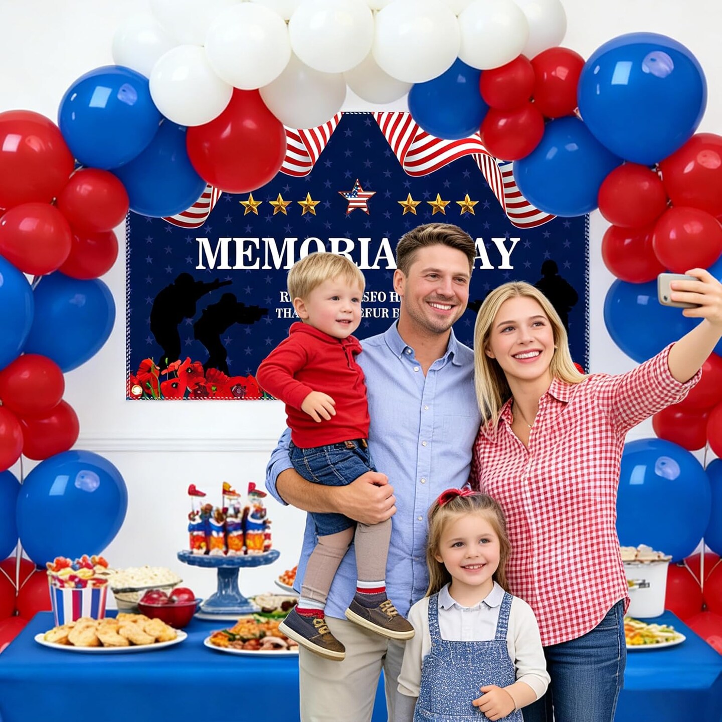56PCS Memorial Day Party Kit with 6x4FT Patriotic Backdrop, Balloon Arch Strip & 50 Balloons – Red White Blue Decorations with Tablecloth for Remember & Honor USA Celebration Decor