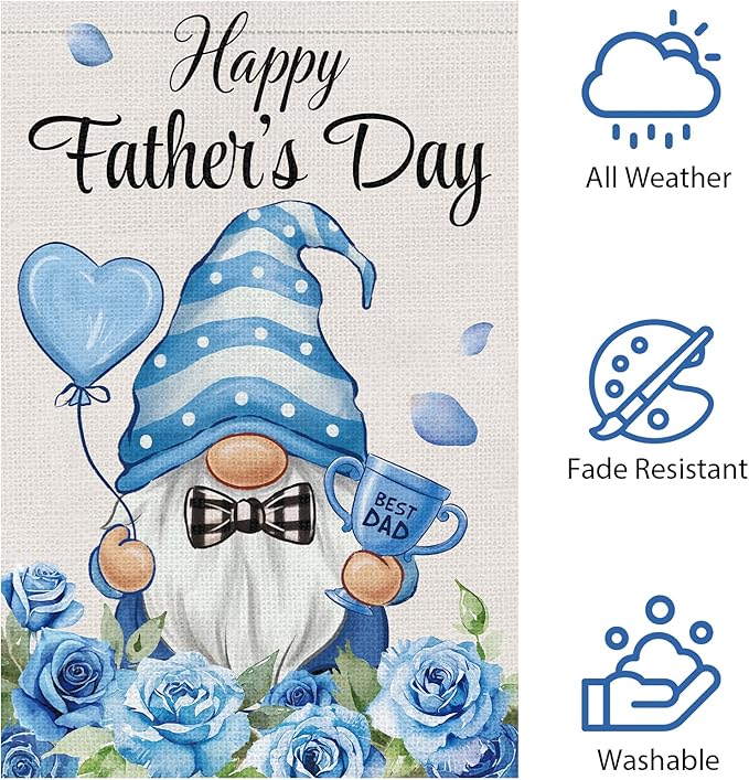 Happy Father's Day Garden Flag 12x18 Double Sided Burlap, Blue Gnome Best Dad Rose Floral Father's Day Yard Banner, Buffalo Plaid Bow Tie Love Heart Trophy Outdoor Decor (ONLY FLAG)