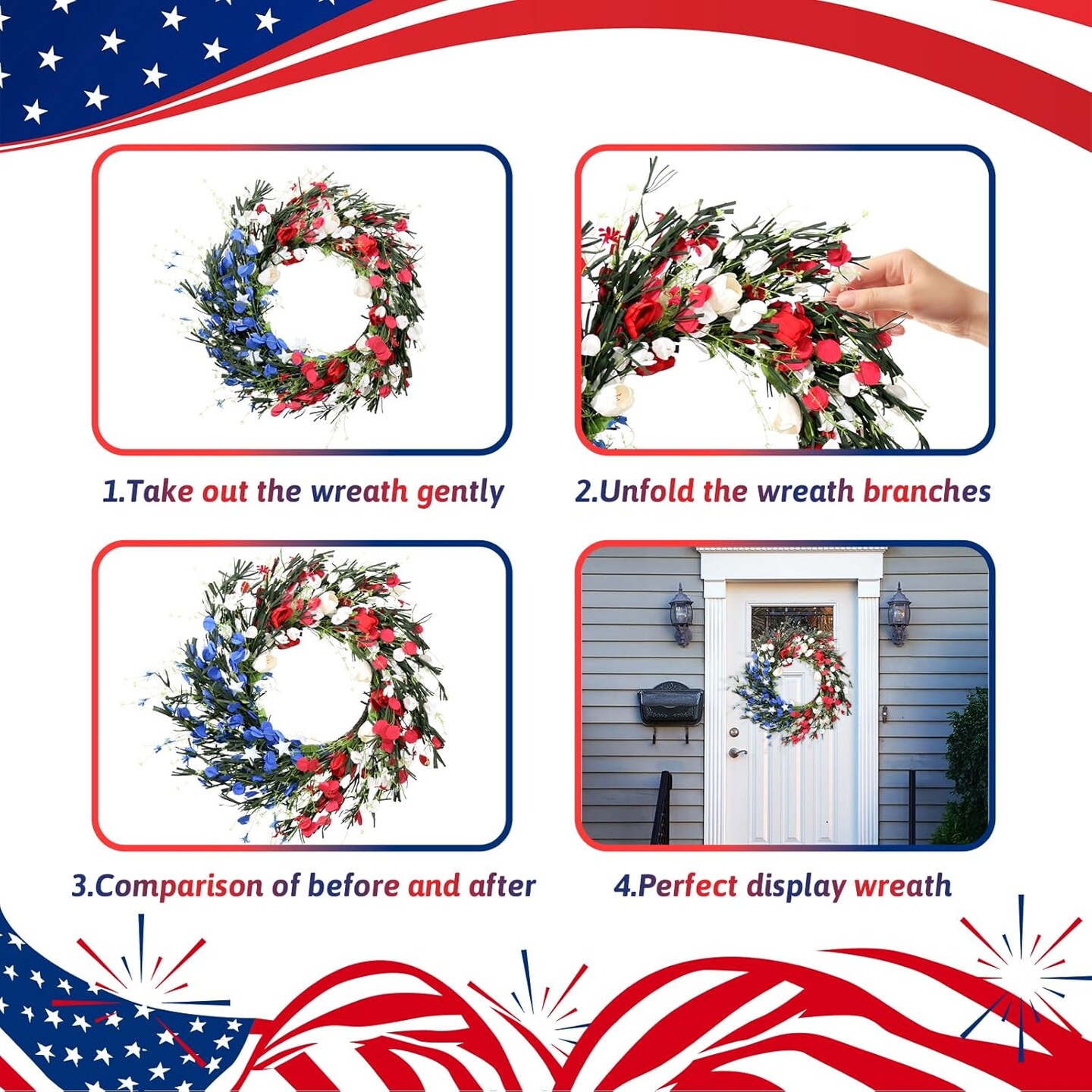 22 Inch Red White and Blue Patriotic Wreath – 4th of July Front Door Wreath with Foam Flowers & Stars, Handmade Independence Day & Memorial Day Home Porch Decoration