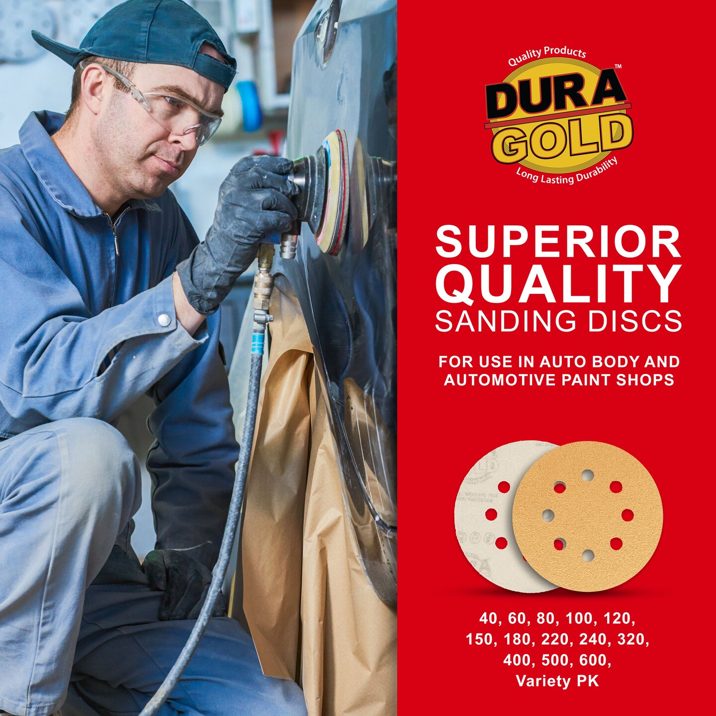 60 Grit - 5" Gold DA Sanding Discs - 8-Hole Pattern Hook and Loop - Box of 50