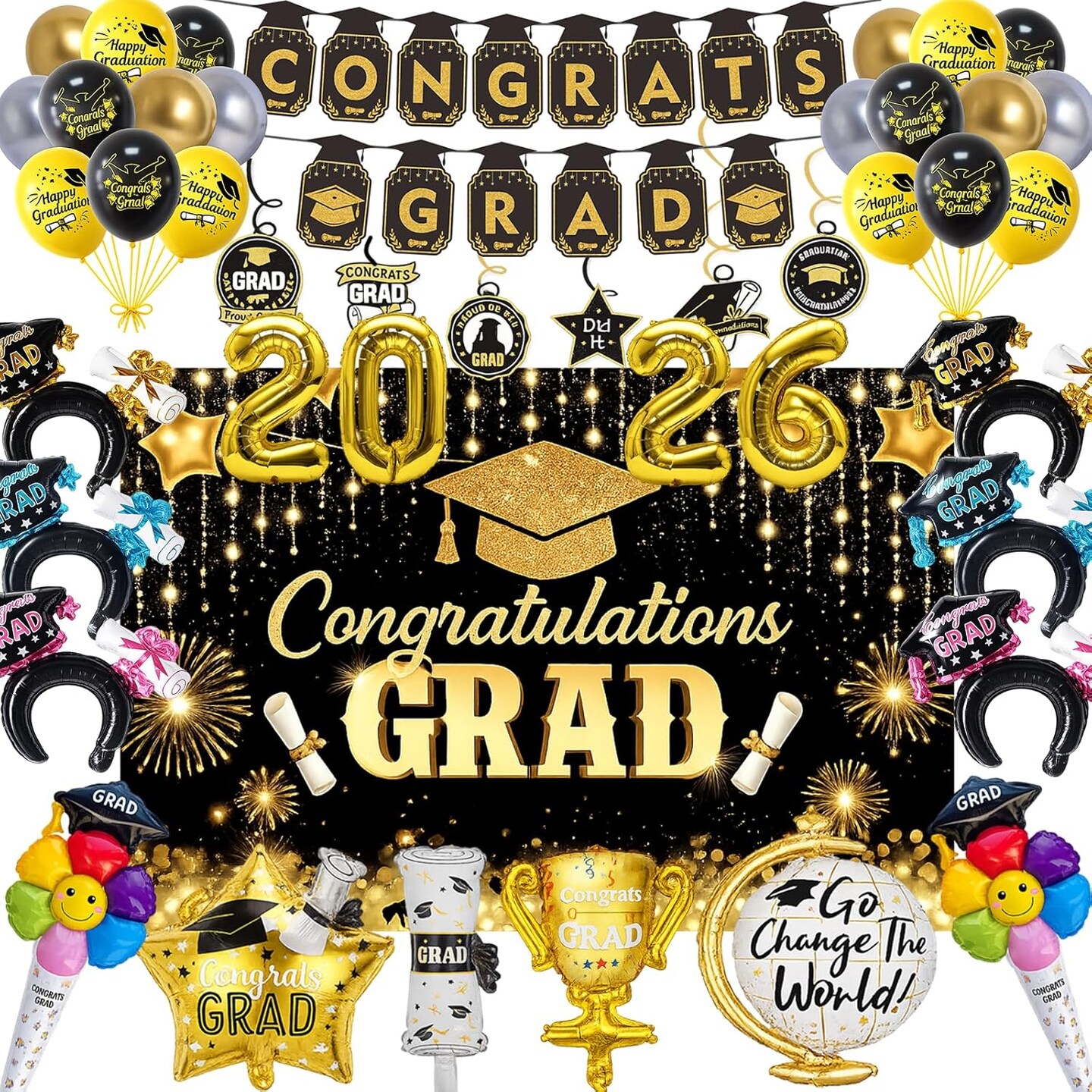 Graduation Decorations 2026, Black Gold Graduation Party Decorations with Congrats Grad Banner, Backdrop, Hanging Swirls, Graduation Balloons, Class of 2026 Foil Balloon for Grad Party Decor