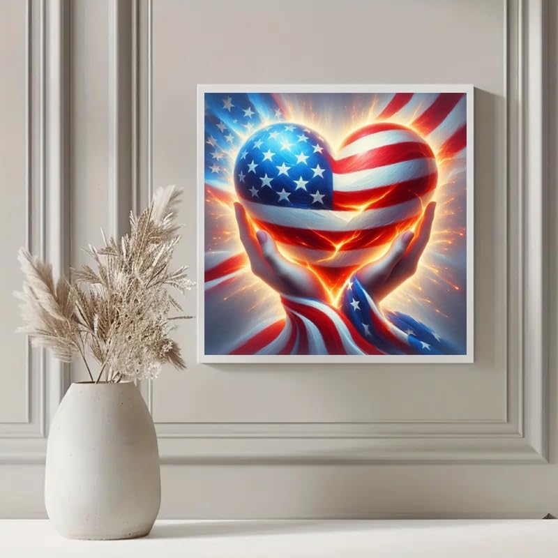 5D Independence Day Diamond Painting Kit for Adults Beginners – Full Round Drill Patriotic American Flag Heart DIY Crystal Gem Art 14x14 Inch Wall Decor Craft Set