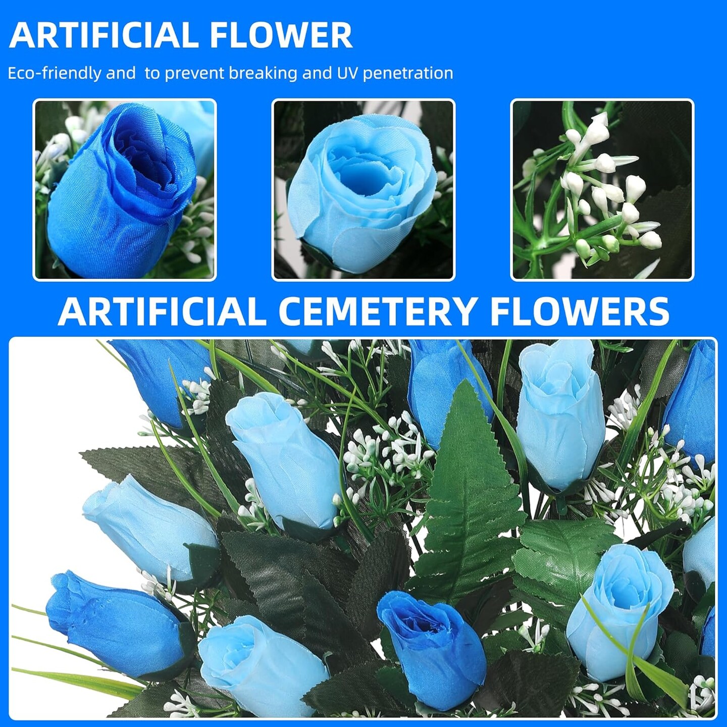 Blue Artificial Cemetery Flowers for Graveside - Set of 2 Large Rose Memorial Bouquets with Vases and Ground Spikes - 18.9" Silk Grave Decorations - Weather Resistant & Fade-Proof - Mother's Day