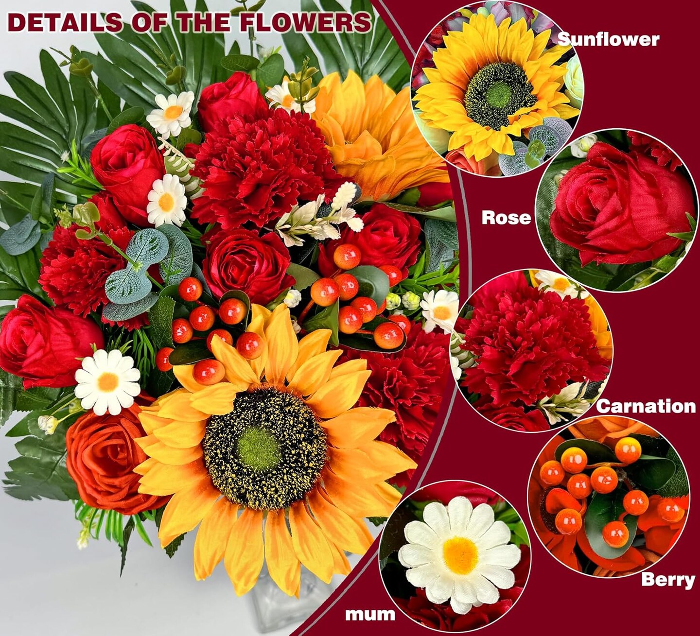 Artificial Cemetery Flowers for Grave Vase - Red Rose and Sunflower Memorial Bouquet with 2 Butterfly Accents - UV Resistant Gravesite Decorations for Outdoors - Headstone Flowers with Ground Spike Vase