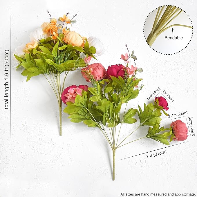 Artificial Peony Bouquets, 2 Silk Flower Bundles in Peach, Coral, Cream & Burgundy with Hydrangeas for Wedding Centerpieces & Home Decor (Country Delightful)