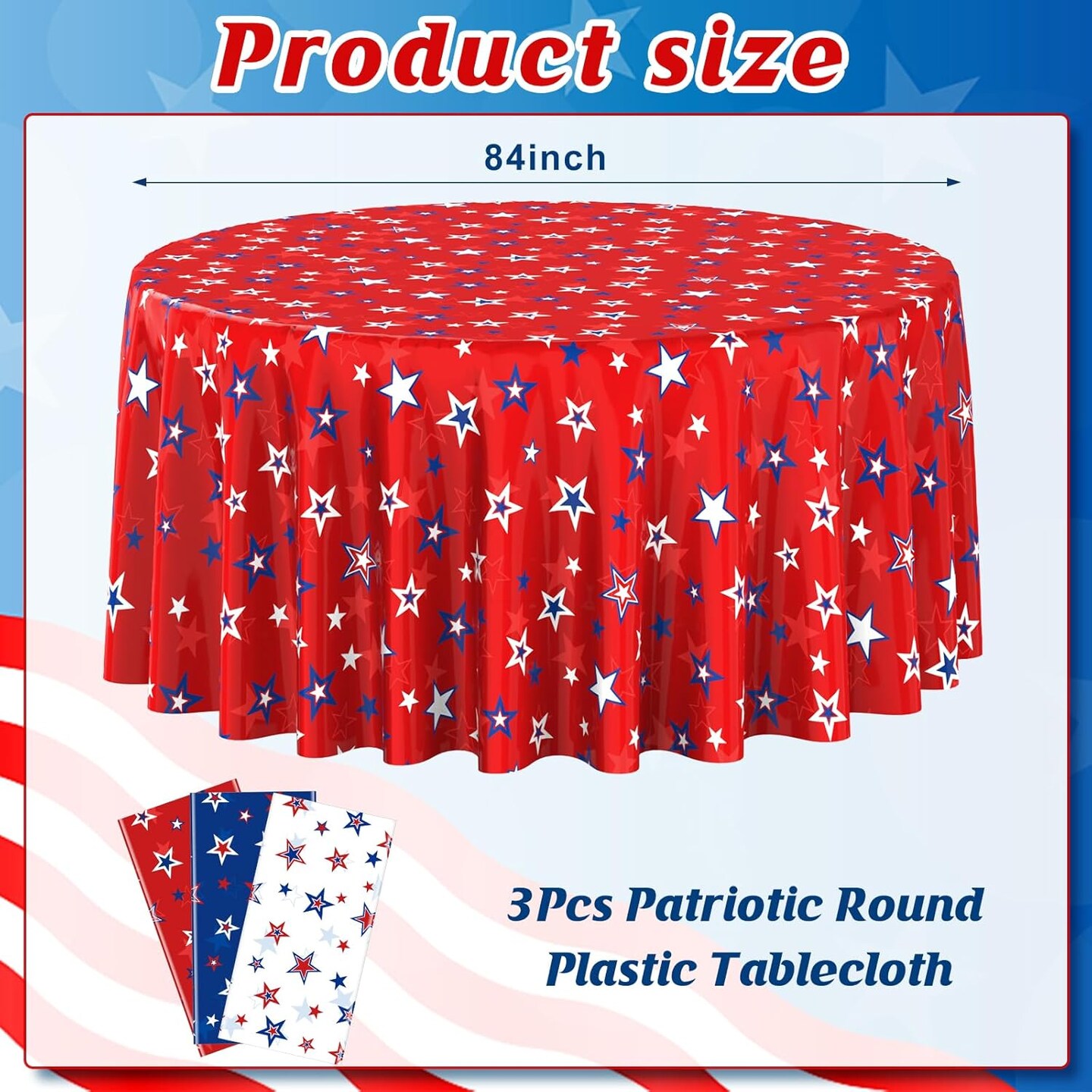 4th of July & Memorial Day Round Tablecloth Set – 3 Pack Patriotic Red, White & Blue Star Plastic Covers, 84 Inch Disposable Table Cover for Independence Day Parties & Events