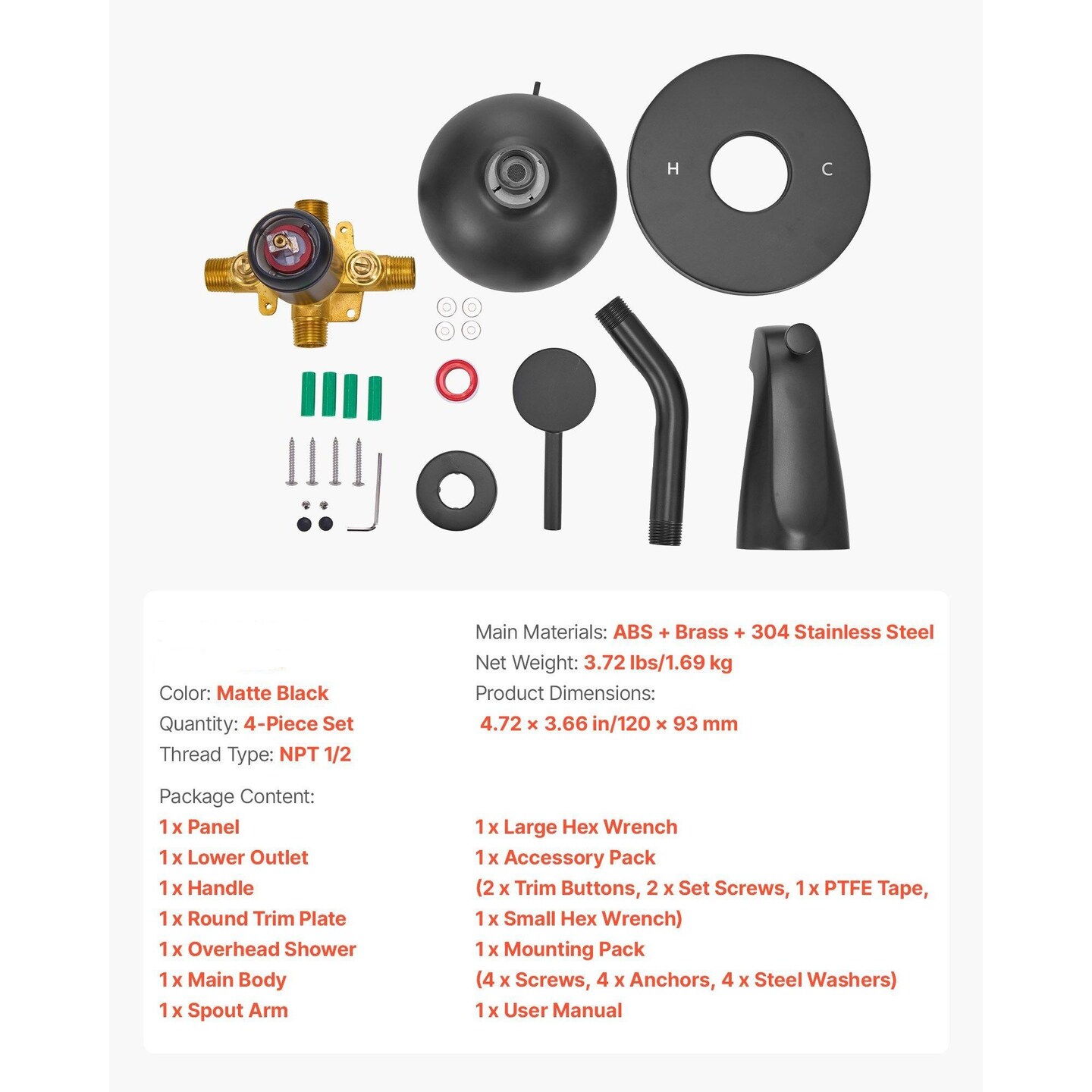 Single-Handle Tub Trim Kit with Rainfall Shower Head and Spout