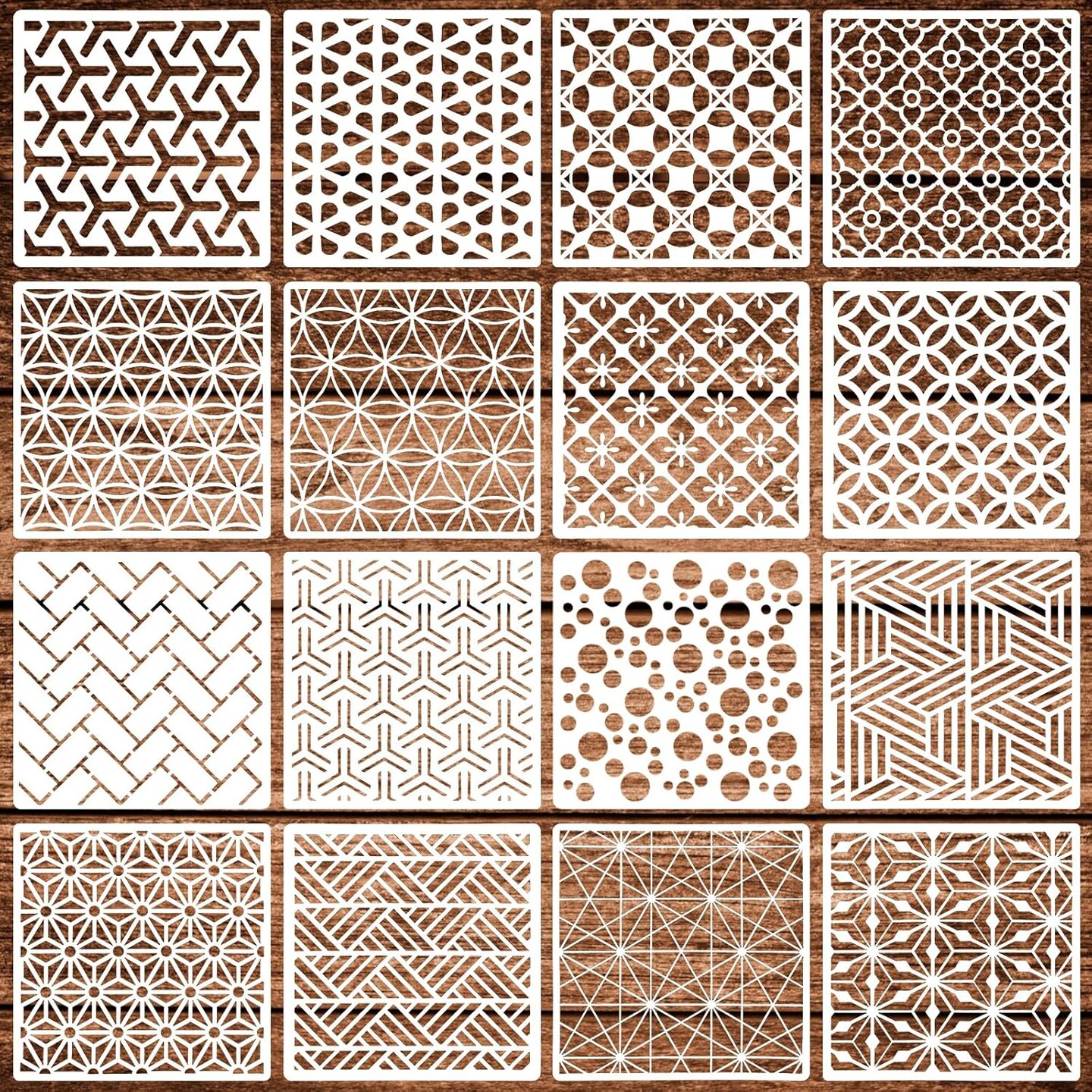 16 PCS Geometric Stencils for Painting, Stencils for Crafts Reusable 6 x 6 Inch Plastic Pattern Templates for Wood Signs Furniture Tile Canvas Card Making and DIY Decor