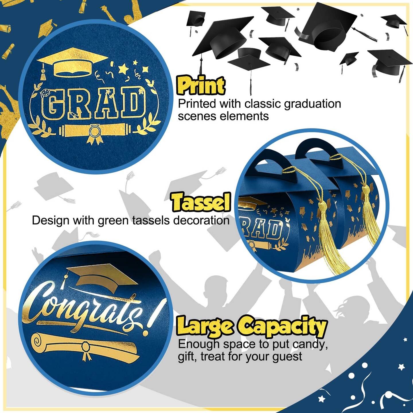30 Pcs Graduation Cap Gift Box Graduation Party Favors Candy Boxes Treat Box with Tassel Table Centerpieces Class of 2026 Grad Decorations(Blue, Gold)