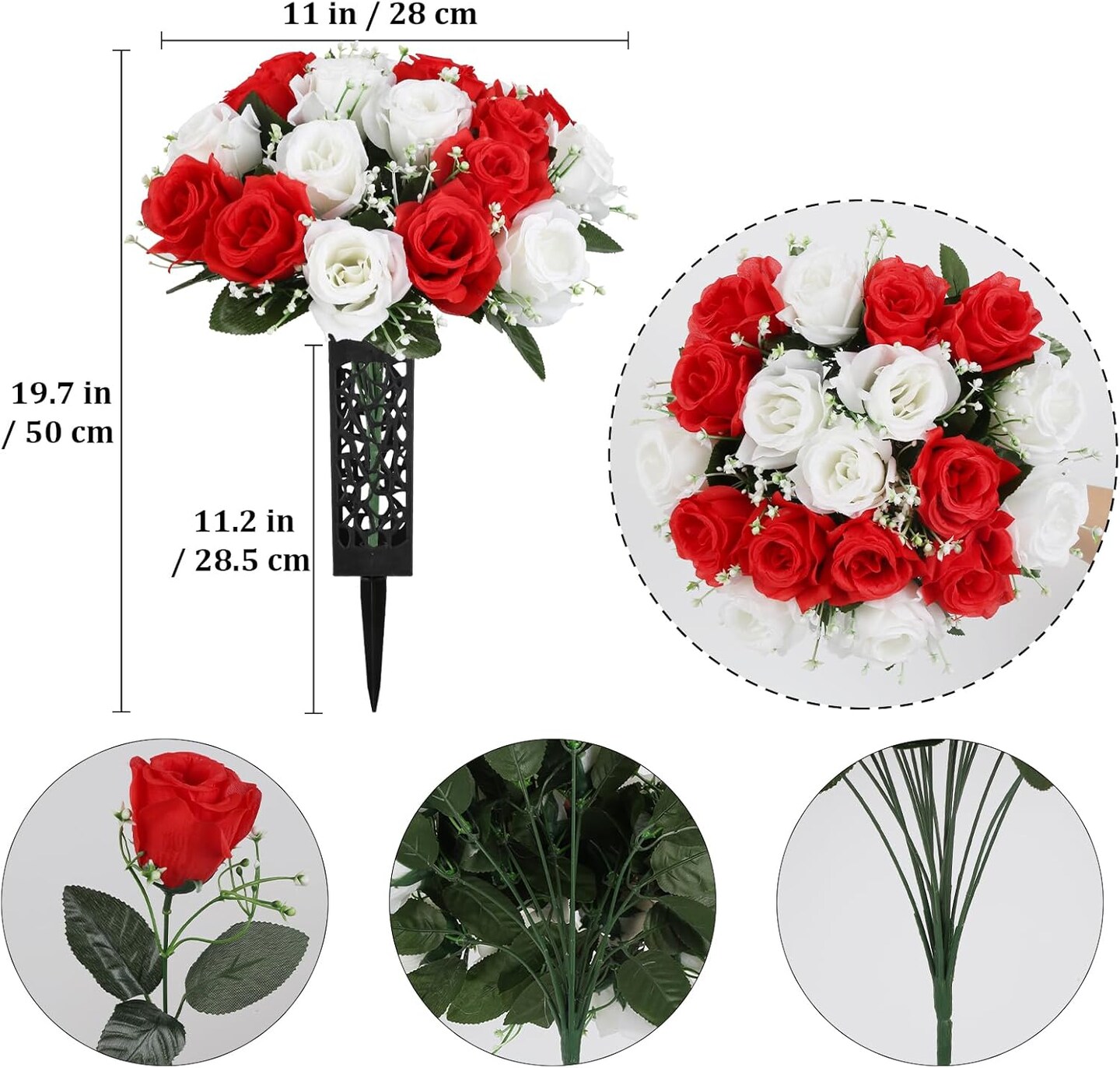 2 Sets Artificial Cemetery Flowers for Grave, Outdoor Roses Funeral Flowers with Cemetery Vase, Memorial Flowers Arrangements Bouquet Vibrant and Long-Lasting Colors(White+Red)