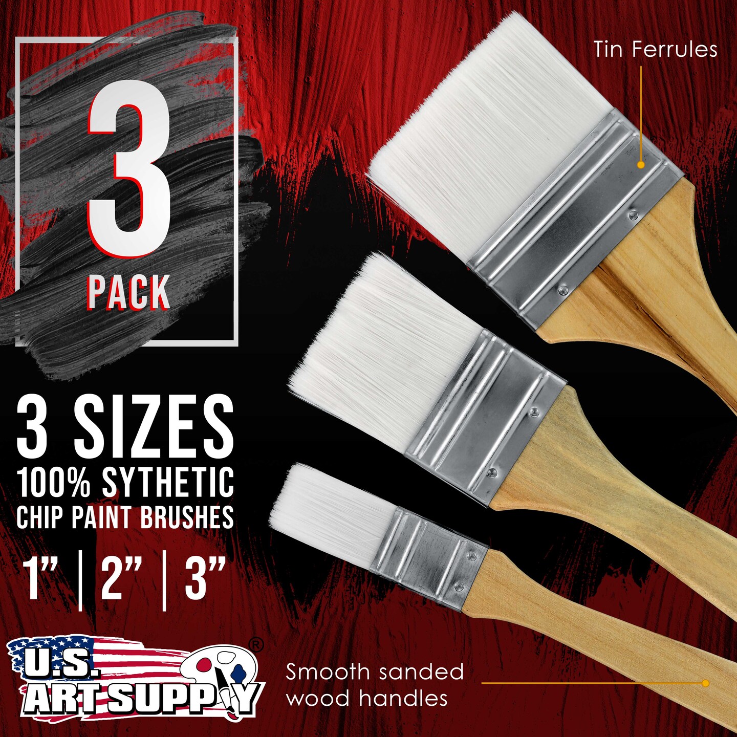 3 Pack of Variety Size Synthetic Bristle Paint, Chip and Utility Paint Brushes for Paint, Stains, Varnishes, Glues, and Gesso