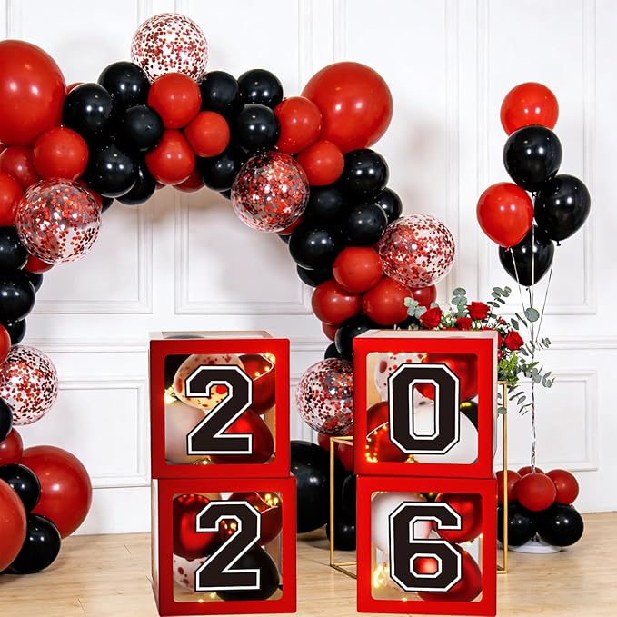Graduation Decorations Class of 2026, Red and Black Graduation Decorations, Balloons Boxes (4PCS) with Letters 2026 GRAD So Proud of You, Congrats Grad Decorations for High School & College