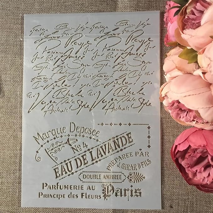 A4 Reusable French Words Stencil for Painting - Vintage Script Layering Template, DIY Wall Art, Wood Furniture, Scrapbook & Crafts (8.3x11.7inch)