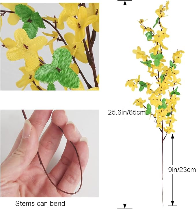 16PCS Artificial Flowers Yellow Silk Forsythia Branches Fake Winter Jasmine Long Stem Artificial Orchids Flowers Forsythia Stems for Home Indoor Outdoor Decor Wedding Party Cemetery (25.5in)