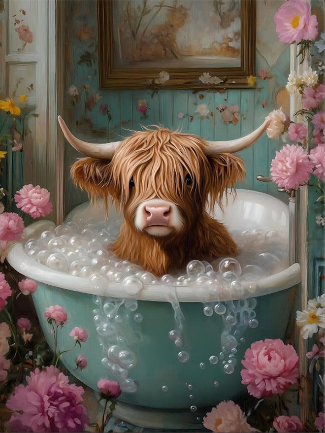 Highland Cow Diamond Art, DIY Bathroom Diamond Art Kits for Adults,Full Drill Diamond Painting Kit,Home Wall Decor Diamond Painting(12x16 Inch)